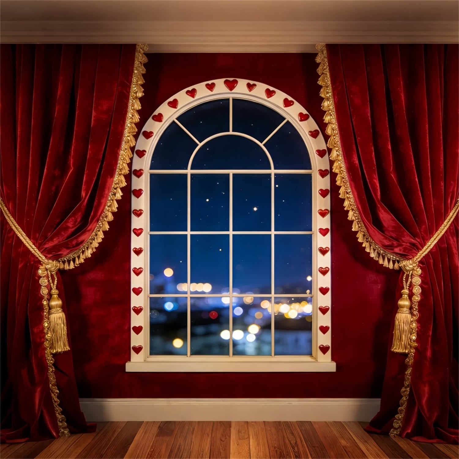 Bokeh-Valentinstag-Hintergrund Samtvorhang Herzfenster Romantische Hintergründe LXX512-76