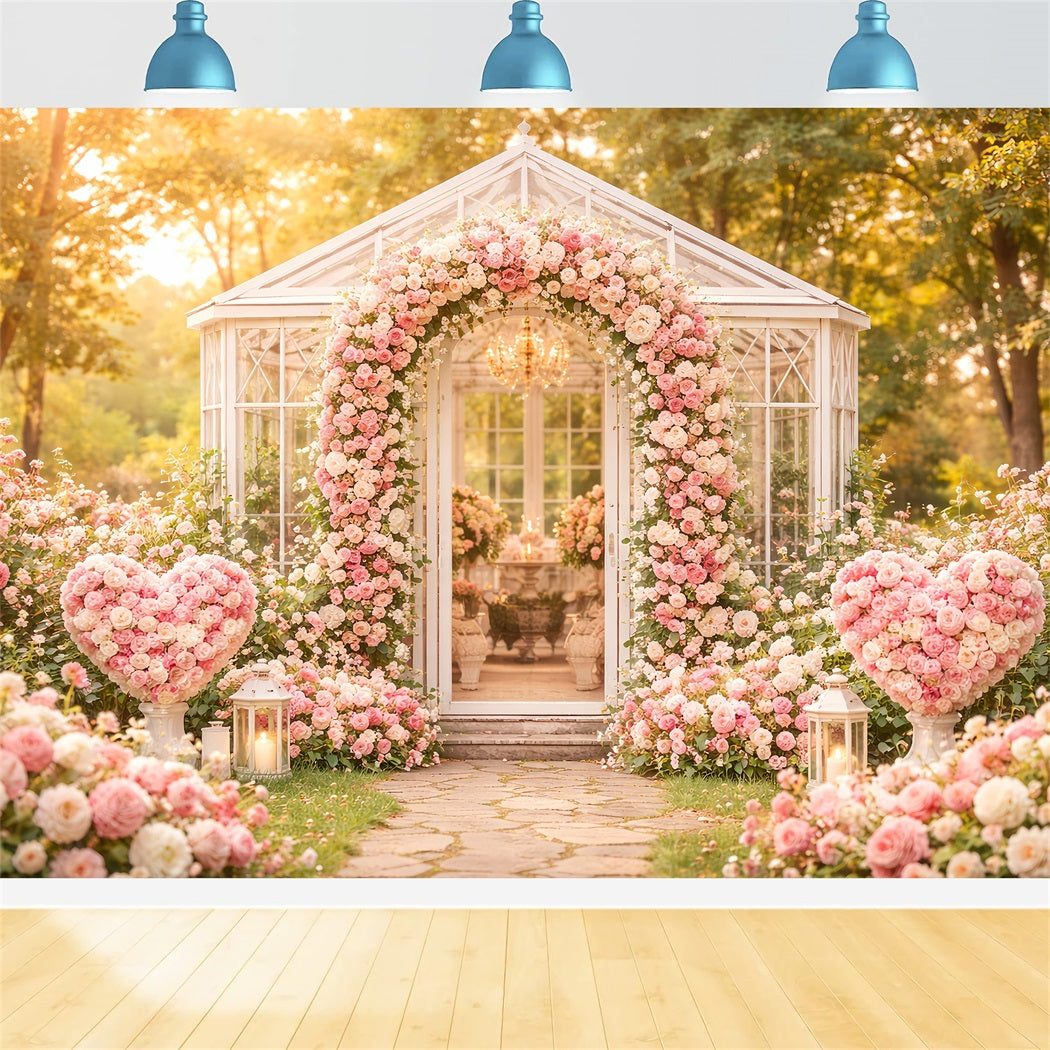 Blumenbogen Valentinstag-Hintergrund Gartenpavillon Rosa Rosen Liebeshintergründe LXX512-77