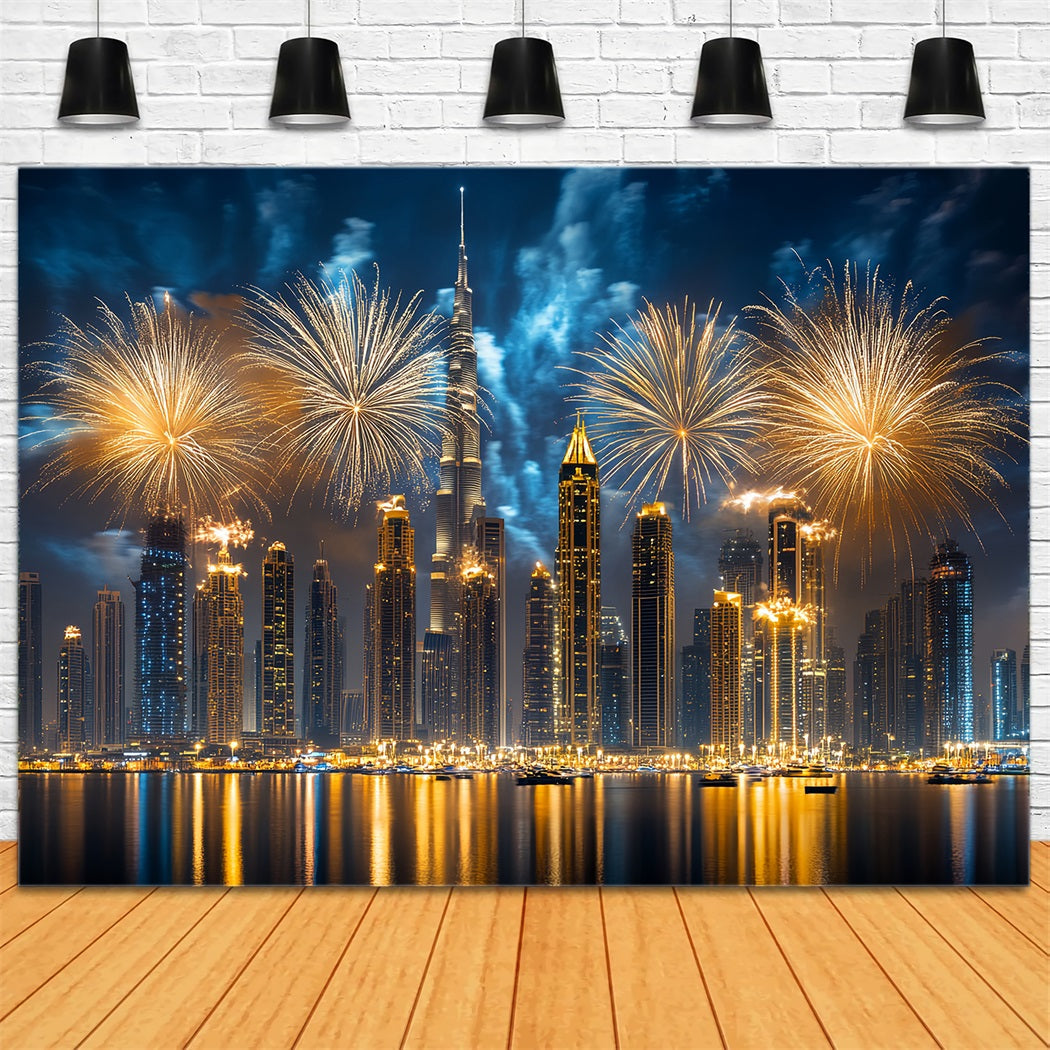 Neujahrs-Hintergrund Ideen Goldenes Feuerwerk Stadt-Skyline Stadtlandschaft Foto-Hintergrund LXX512-8