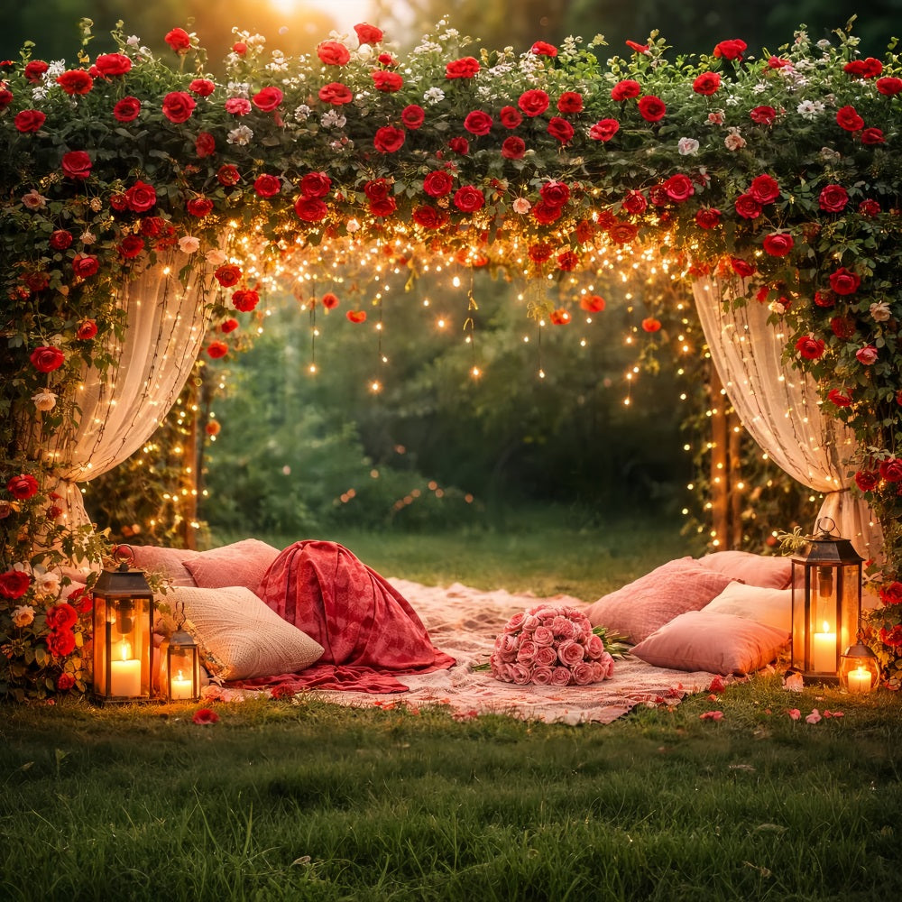 Hintergrund mit roten Rosen, funkelndem Baldachin, Blumenbogen und Valentinstag LXX512-93
