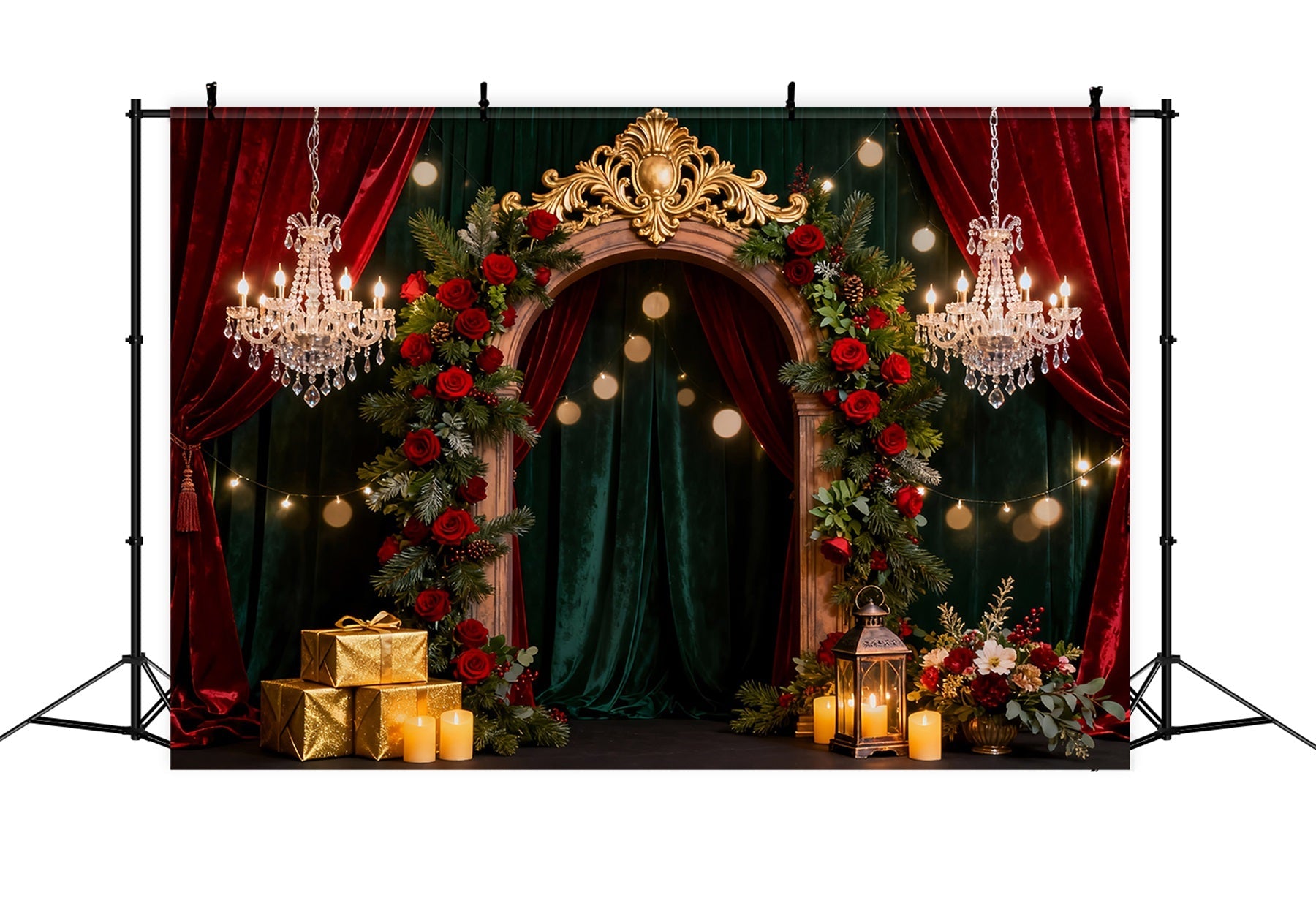 Romantischer Hintergrund, opulenter Rosenbogen, elegante Geschenkbox und Valentinstag LXX512-94