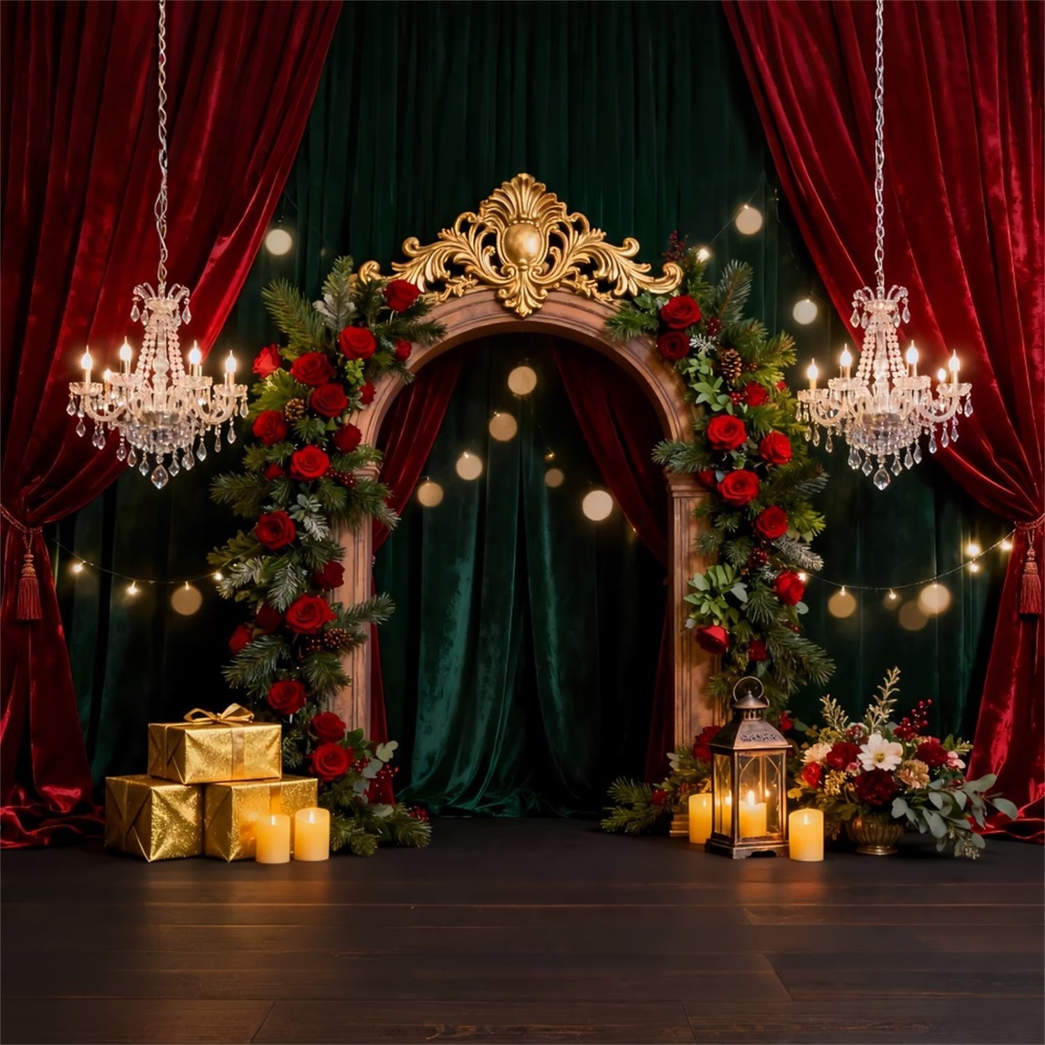 Romantischer Hintergrund, opulenter Rosenbogen, elegante Geschenkbox und Valentinstag LXX512-94