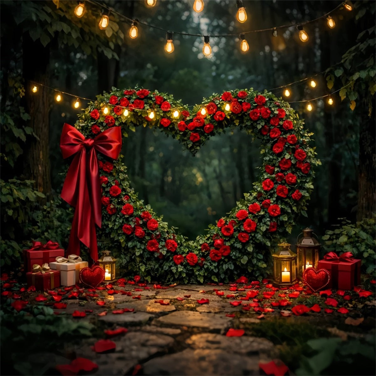 Roter Rosenherz-Hintergrund Waldblumenbogen Geschenkbox Valentinstag-Hintergrund LXX512-96