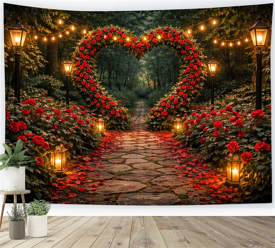 Roter Rosen-Hintergrund Gartenlaternen Herzpfad Blumenbogen Valentinstag-Hintergrund LXX512-97