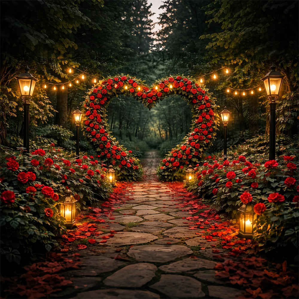 Roter Rosen-Hintergrund Gartenlaternen Herzpfad Blumenbogen Valentinstag-Hintergrund LXX512-97