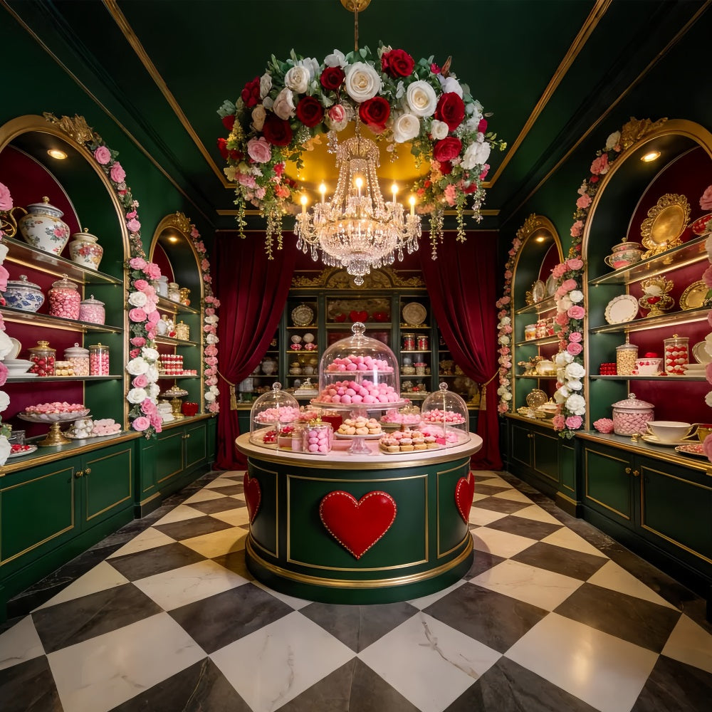 Süßwarenladen Valentinstag-Hintergrund Süßer Desserttisch 90er-Jahre-Valentinstag-Hintergrund LXX512-99