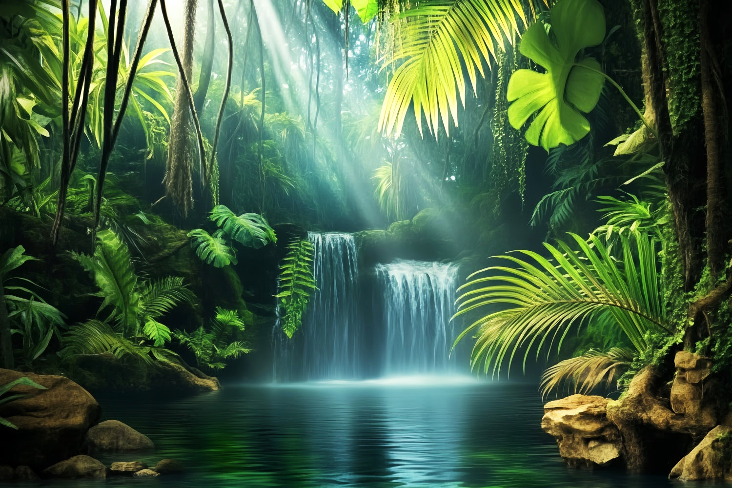 Wald-Hintergrundkulisse Smaragdgrüner Dschungel-Wasserfall-Hintergrundkulisse LXX57-119