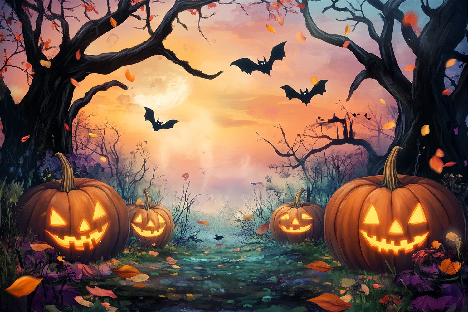 Halloween Wald Hintergrund Mondschein Kürbis Pfad Hintergrund LXX57-143