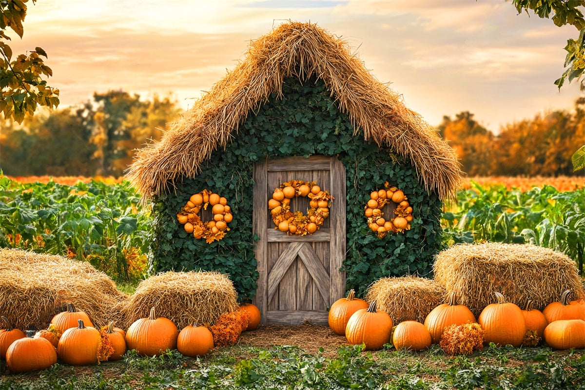 Herbst Fotokulisse Kürbisfeld Landhaus Hintergrund LXX57-154