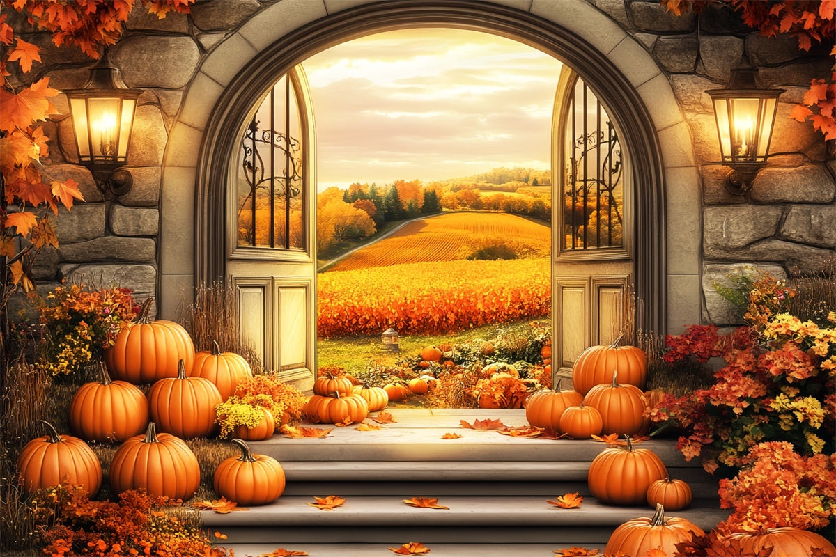 Herbst Fotohintergrund Goldene Felder Steinbogen Backdrop LXX57-158