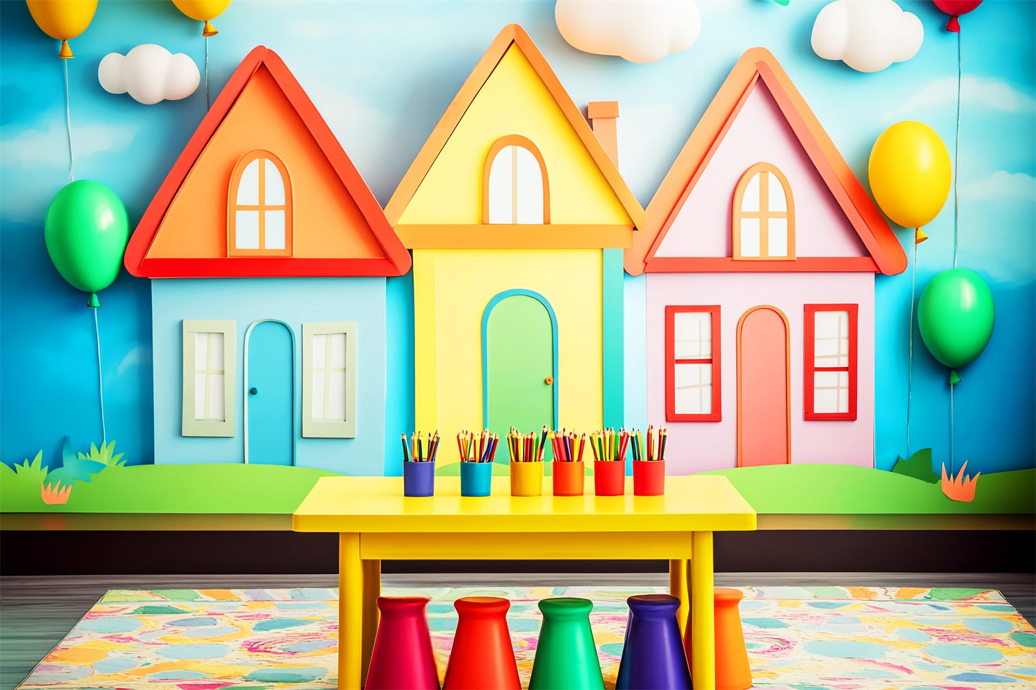 Back To School Backdrops Bunte Landhaus Ballon Hintergrund LXX57-28