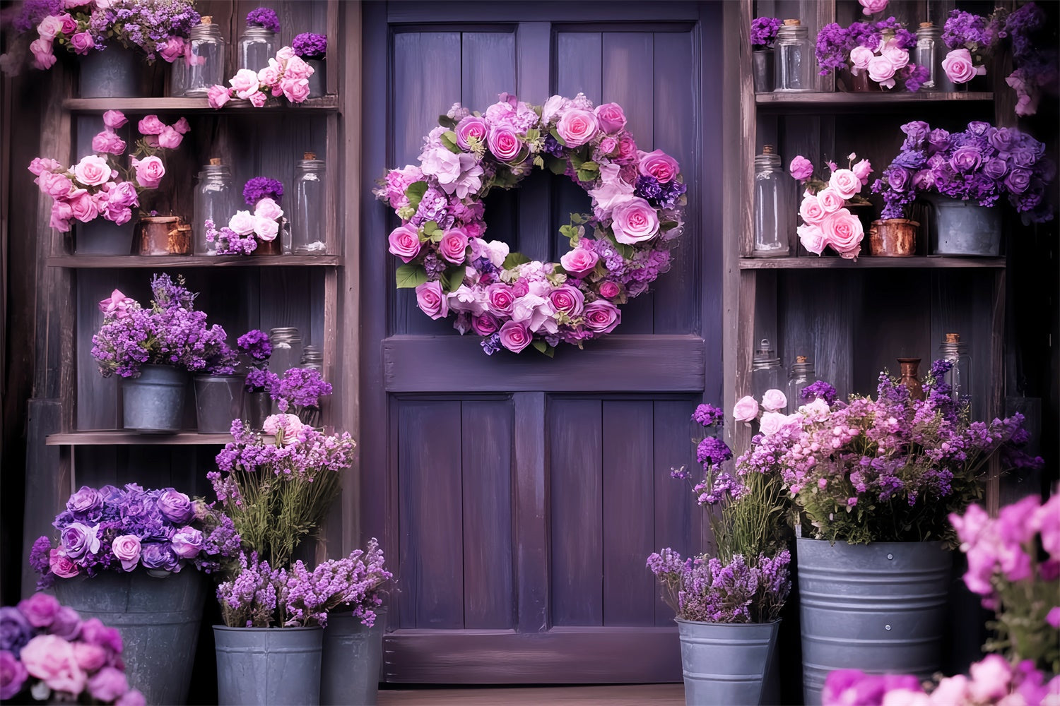 Scheunentür-Hintergrundkulisse Lila Blüte Blumen Foto Hintergrund LXX57-382