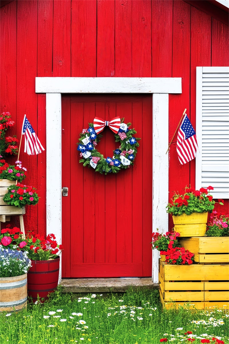 Scheunentür-Hintergrundkulisse Patriotische Scheune Veranda Foto Hintergrund LXX57-392