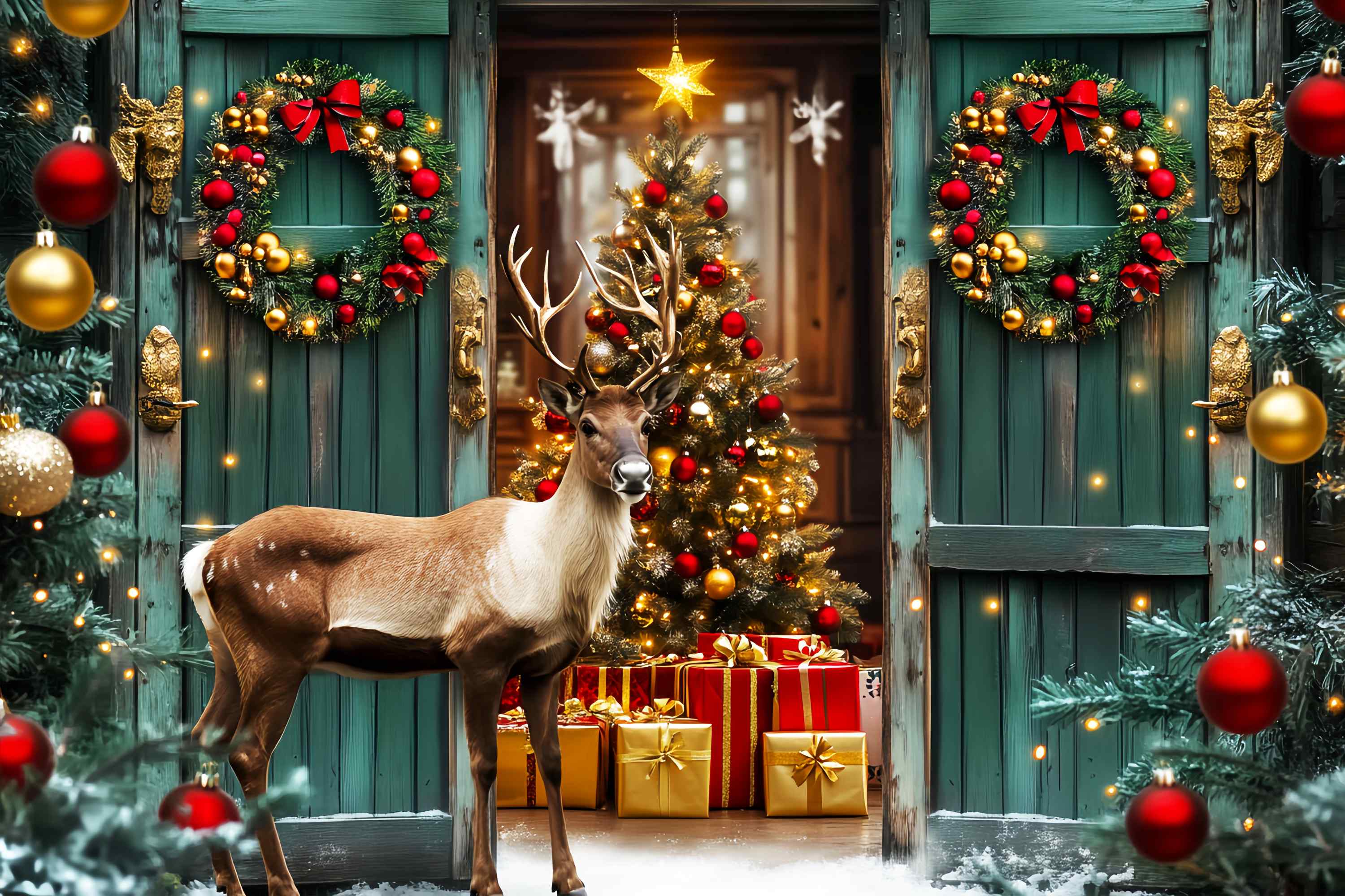 Weihnachtsbaum Bauernhof Foto Hintergrund Grüne Tür Rentier Holiday Entry Hochauflösende Weihnachten Backdrop LXX58-101