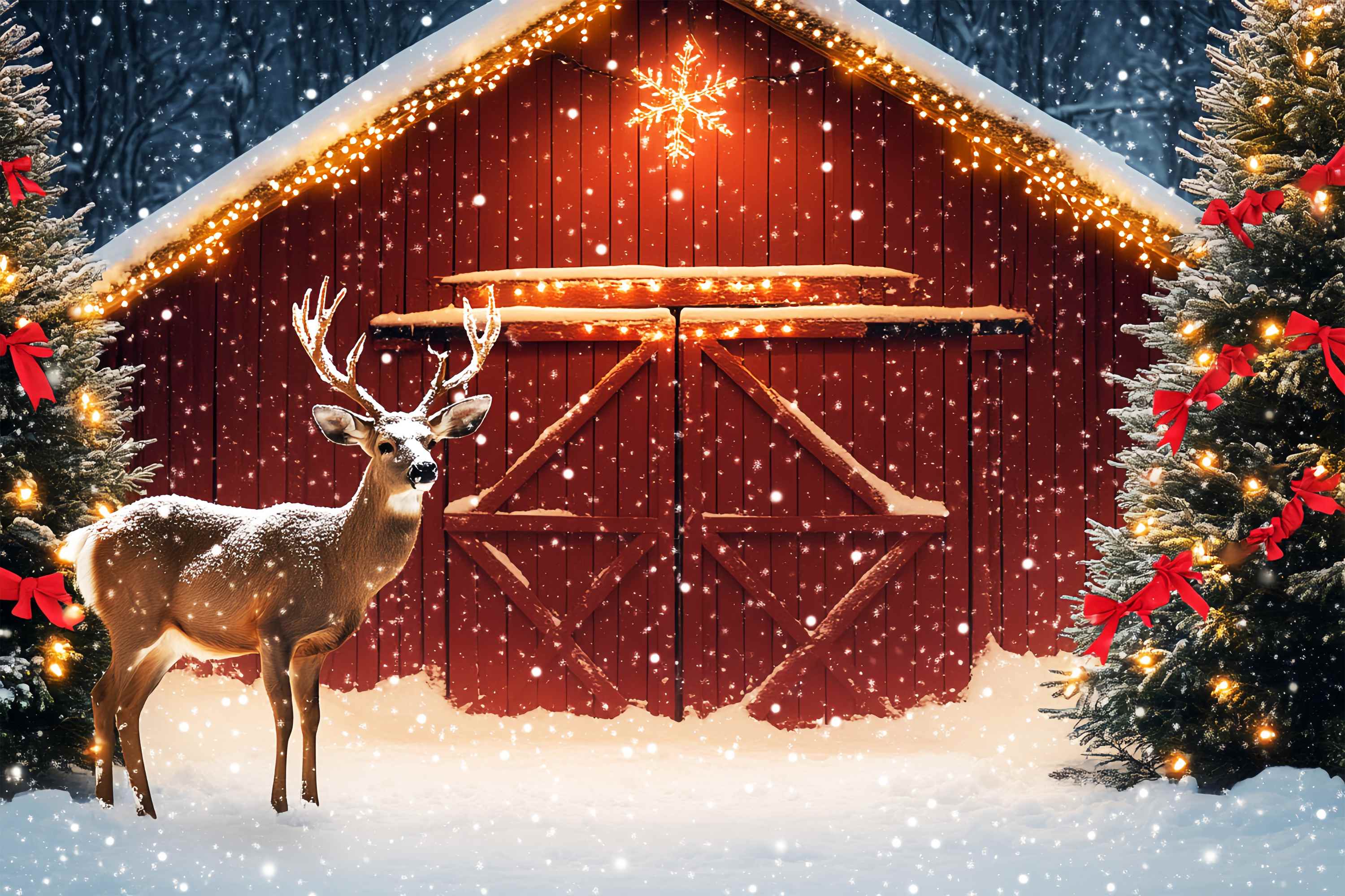 Weihnachtsbaum Bauernhof Foto Hintergrund verschneite Scheune Rentier Tannenbaum Professionelle Weihnachtshintergründe LXX58-102