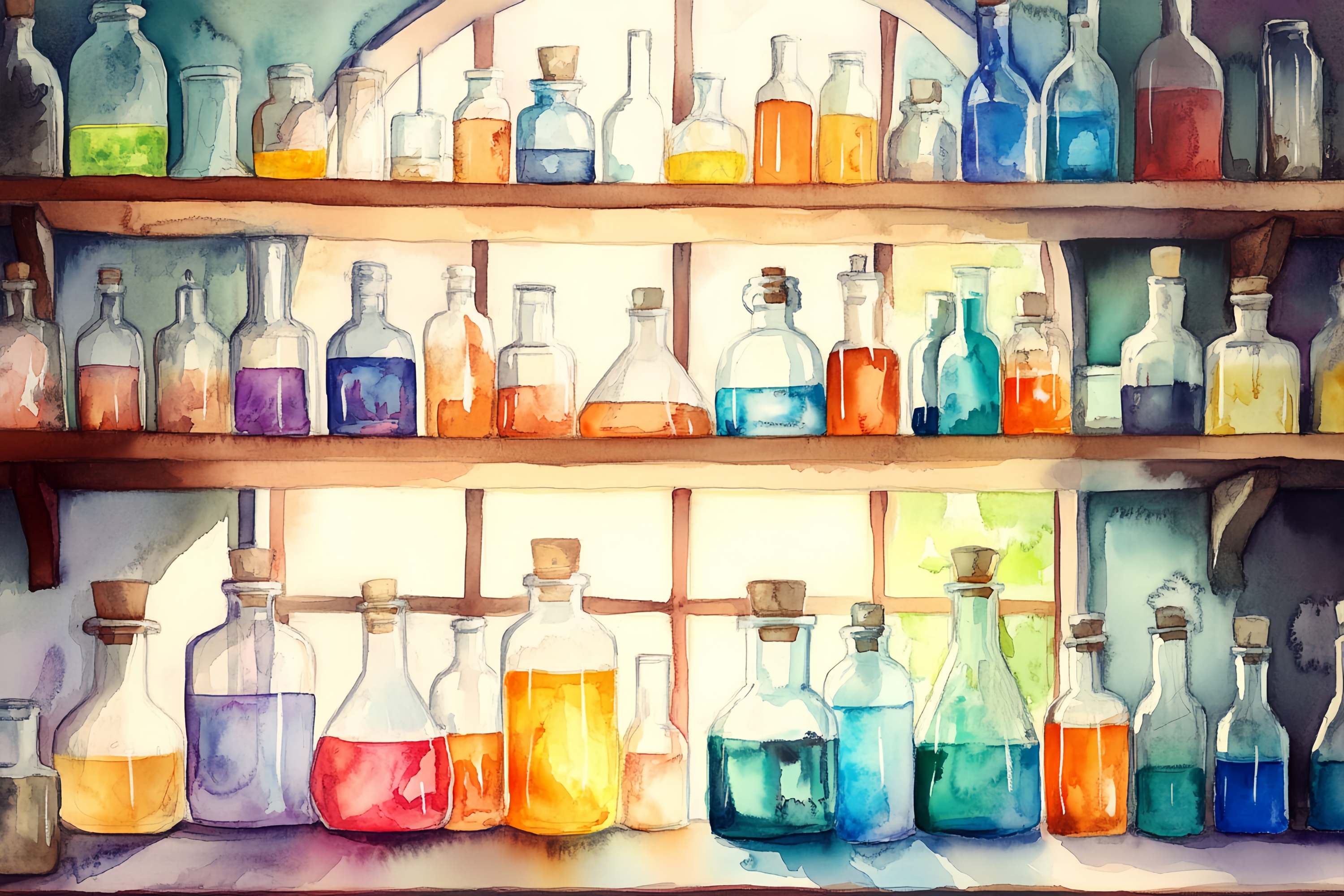 Chemie Fotohintergrund Aquarell Zaubertrank Flaschen Holzregale Schule Bild Fotohintergrund LXX58-104