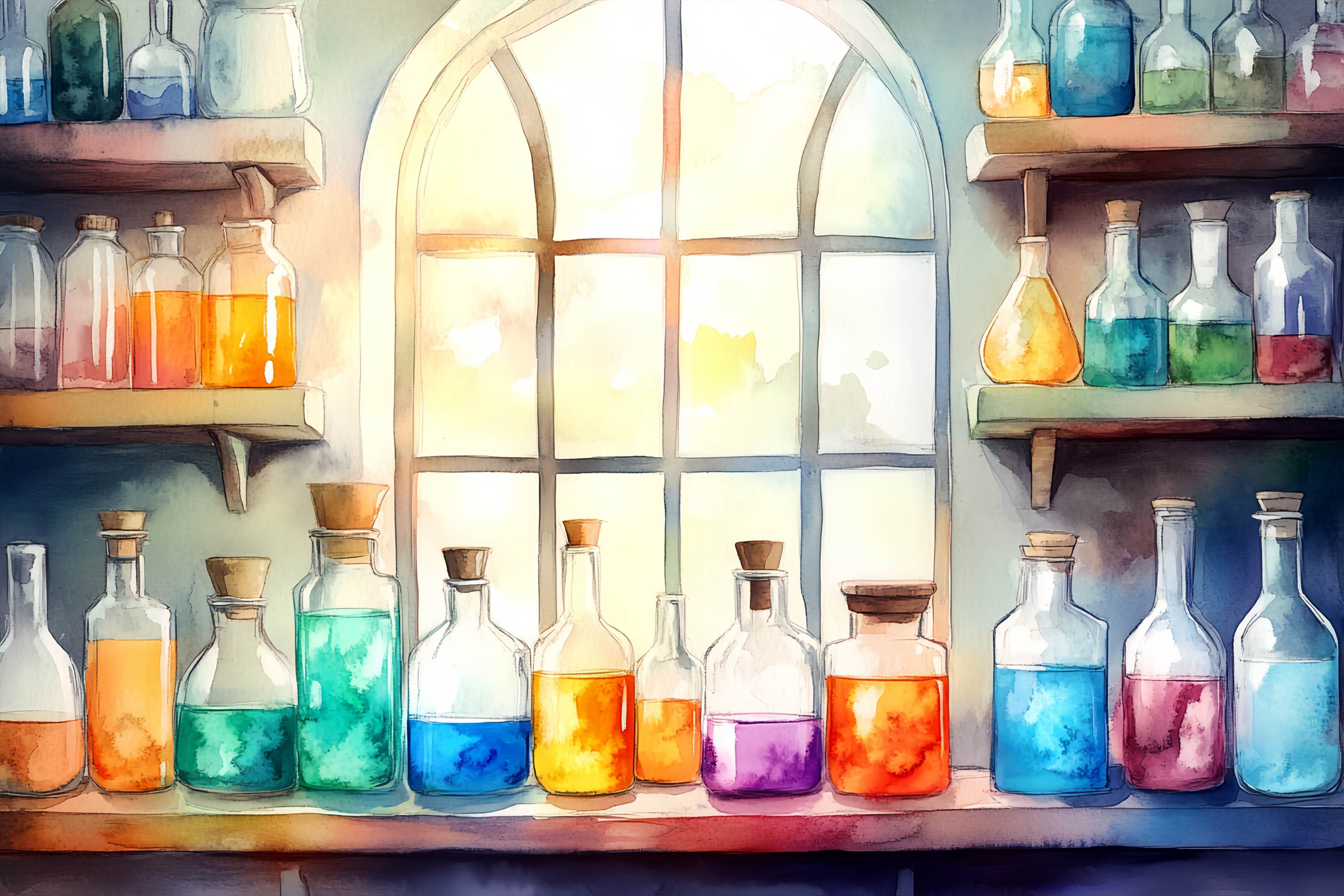Chemie Backdrop Sunlit Window Vibrant Potion Bottles Back To School Studiohintergrund LXX58-105