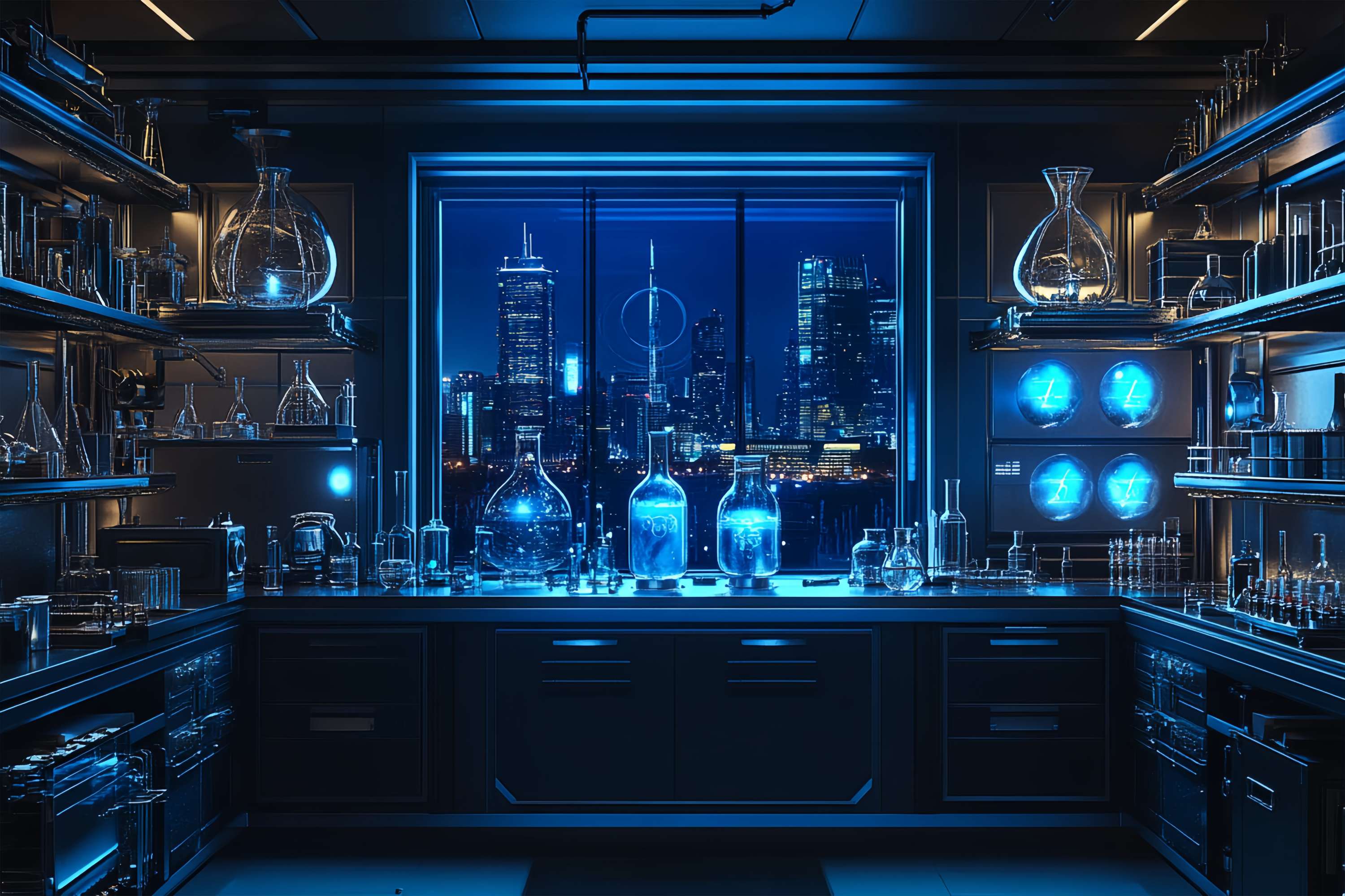 Chemie Backdrop Futuristische Labor Skyline Nachtansicht Schule Bild Fotohintergrund LXX58-108