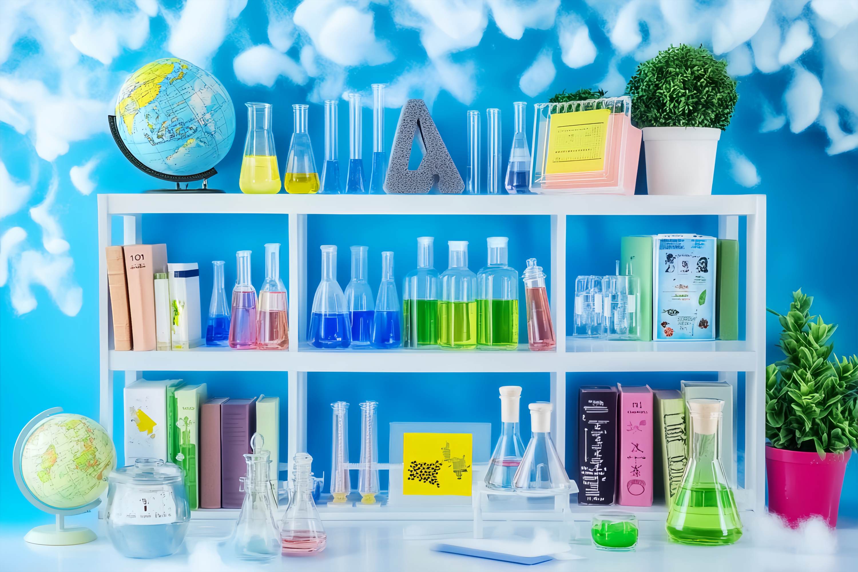 Chemie Backdrop Bunte Chemie Regal Bücher Pflanzen Zurück zu Schule FotoFotohintergrund LXX58-109