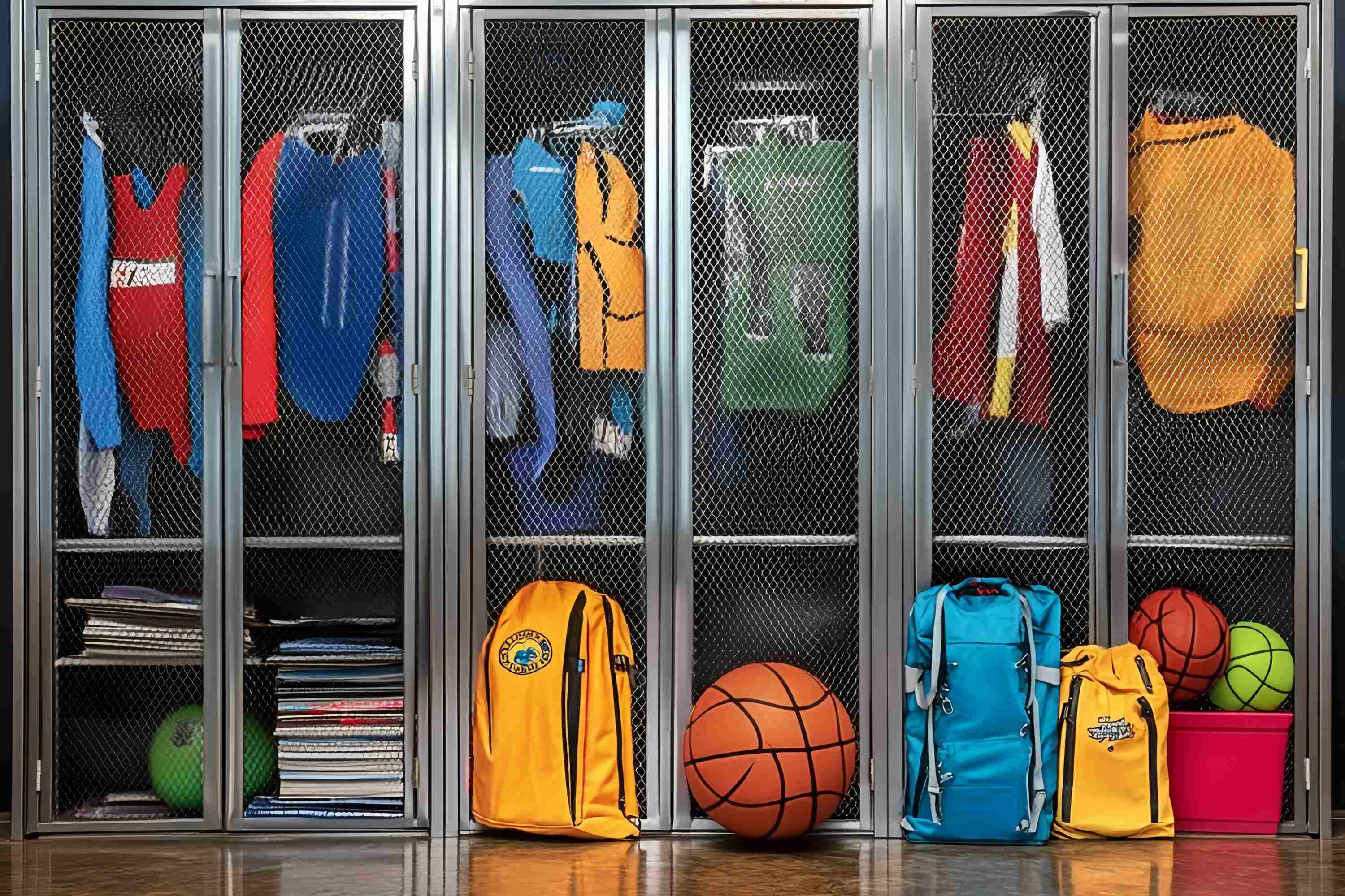 School Locker Backdrop Bunte Sport Schließfächer Rucksäcke Back to School FotoFotohintergrund LXX58-119