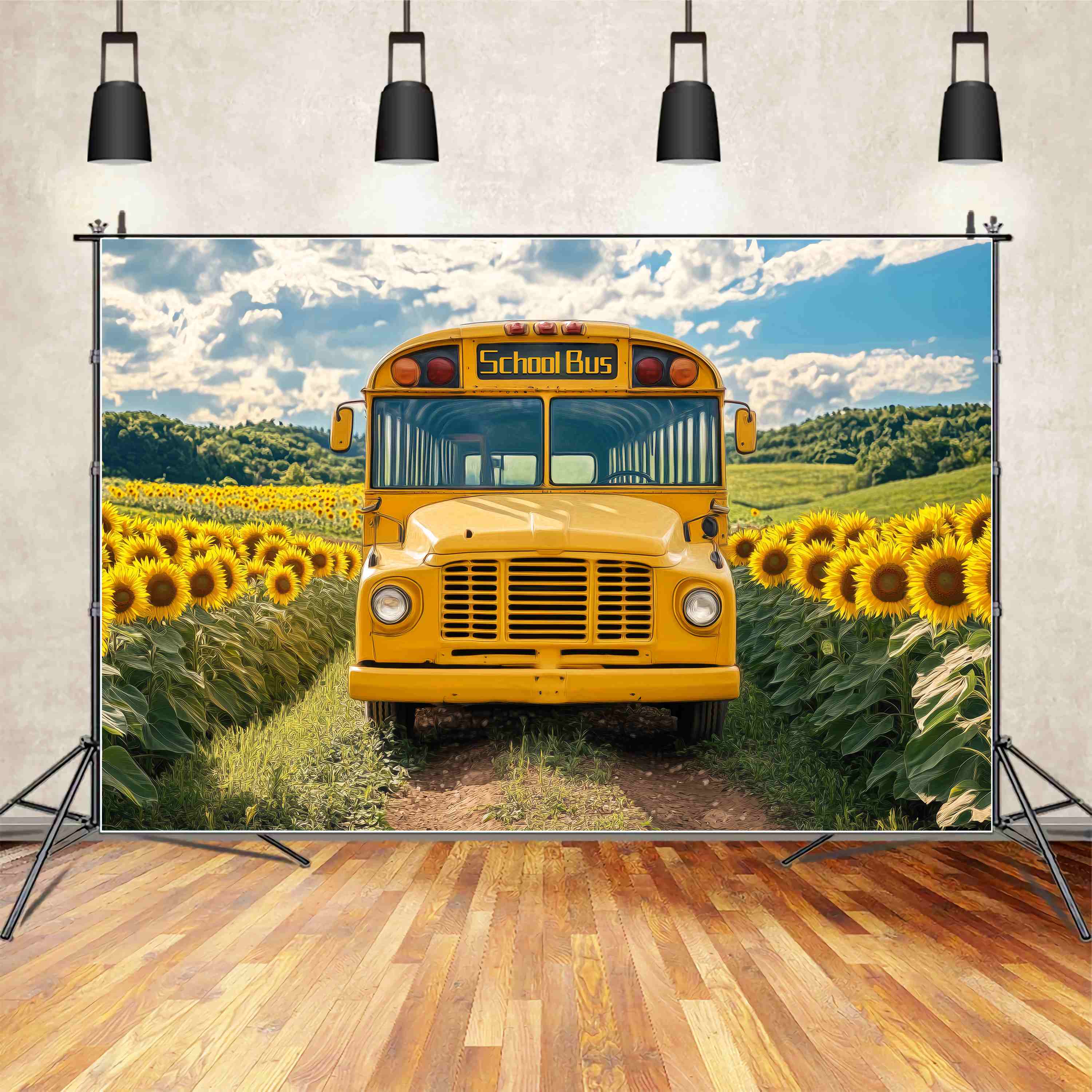 Schulbus Backdrop Sonnenblumenfeld Vintage Schulbus Schule Bild Fotohintergrund LXX58-128
