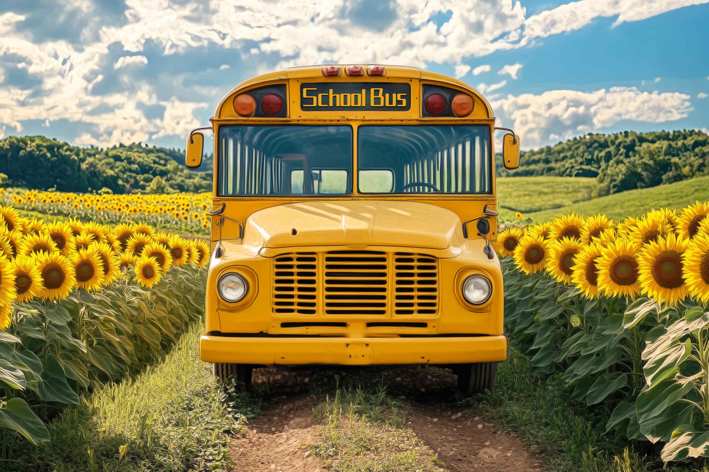 Schulbus Backdrop Sonnenblumenfeld Vintage Schulbus Schule Bild Fotohintergrund LXX58-128