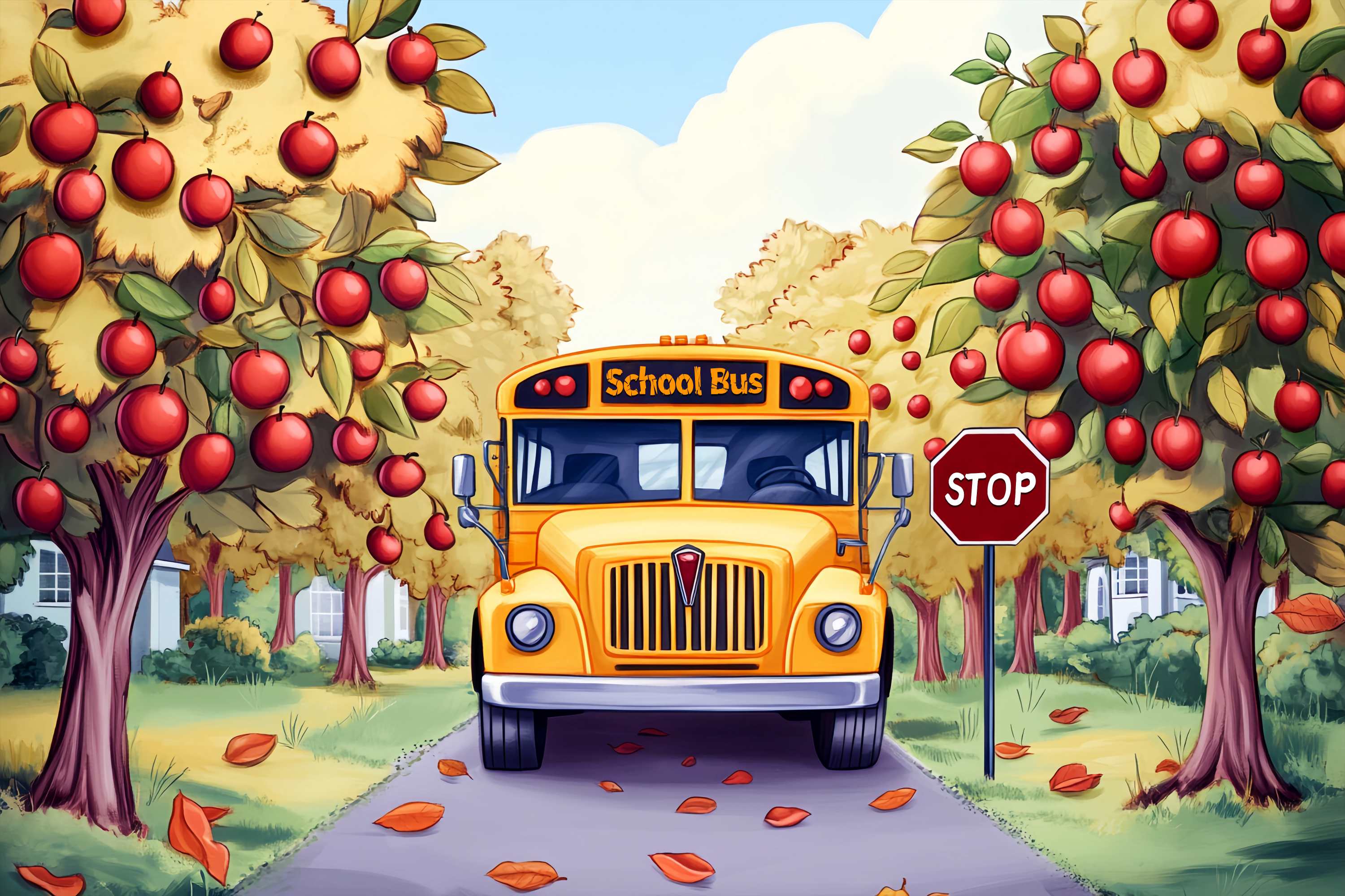 Schulbus Backdrop Apfelgarten Herbst Schulbus Back To School Studiohintergrund LXX58-130