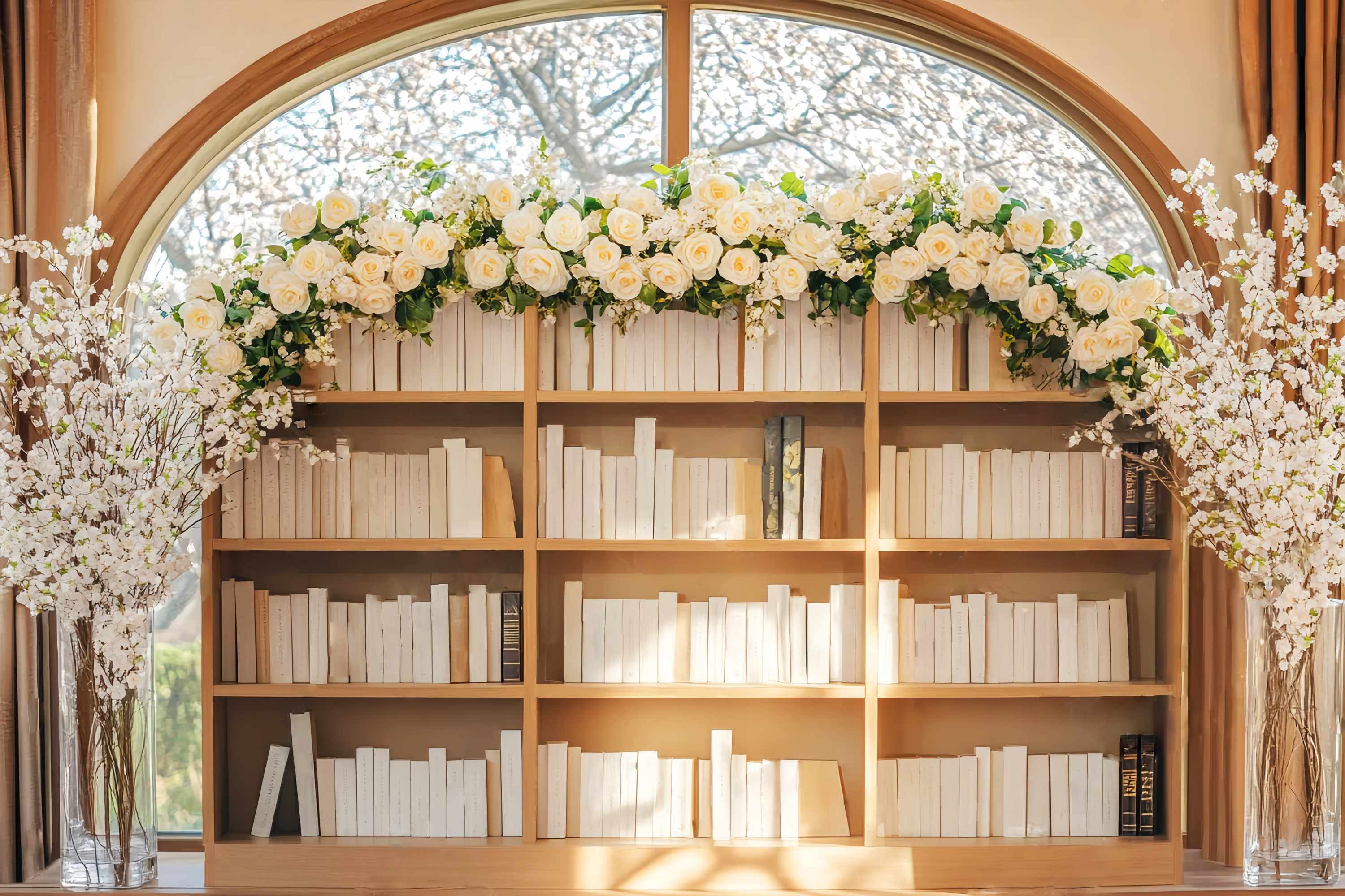 Back To School Studiohintergrund Elegantes Bücherregal Weiße Rosen Arrangement Bücherregal Backdrop LXX58-137