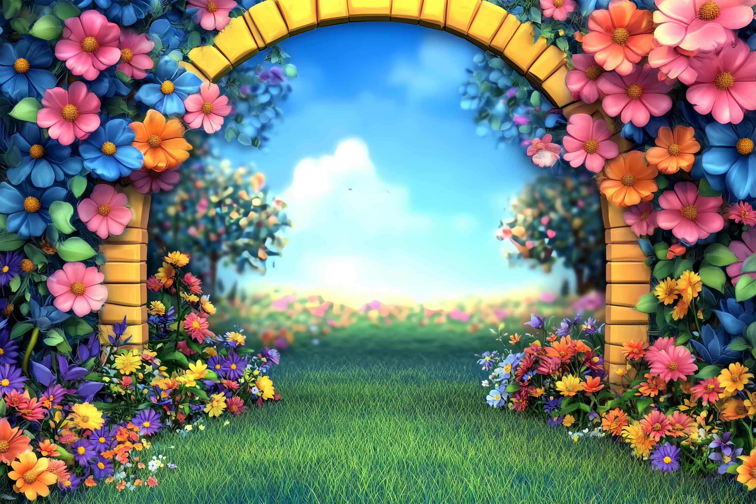 Vorschule Fotohintergrund Cartoon Garten Bogen Bunte Blumen Zurück zu Schule Fotohintergrundbilder LXX58-138