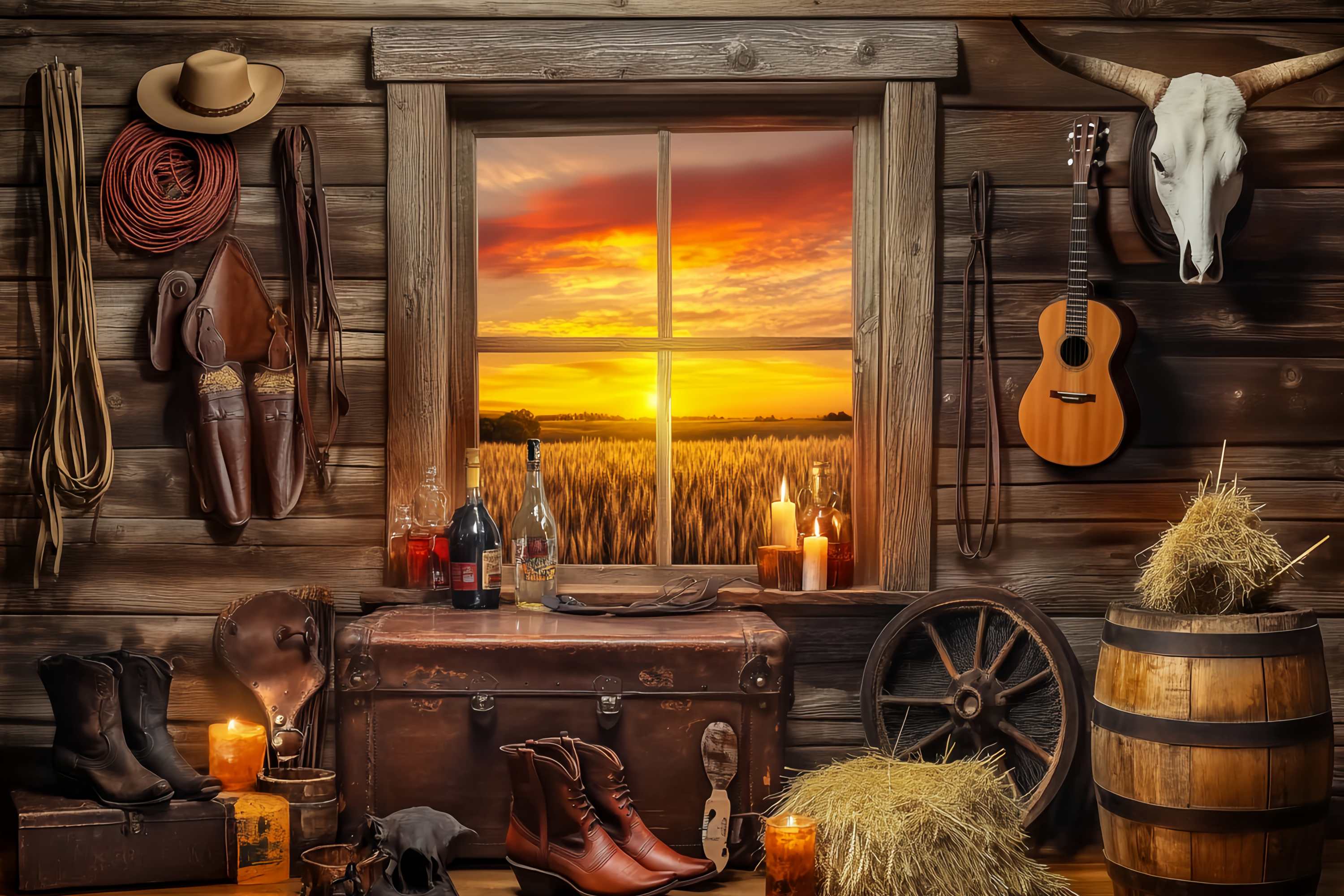 Herbst Foto Hintergrund Rustikale Hütte Sonnenuntergang Fenster Cowboy Foto Hintergrund LXX58-191