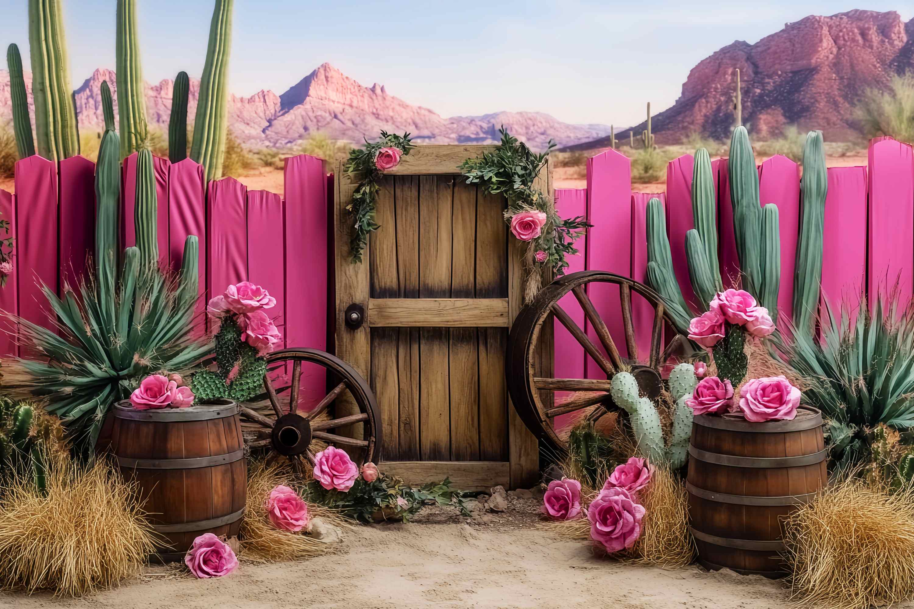 Herbst-Foto Hintergrund Rosa Kaktus Wagon Wheel Dekor Western-Foto Hintergrund LXX58-198