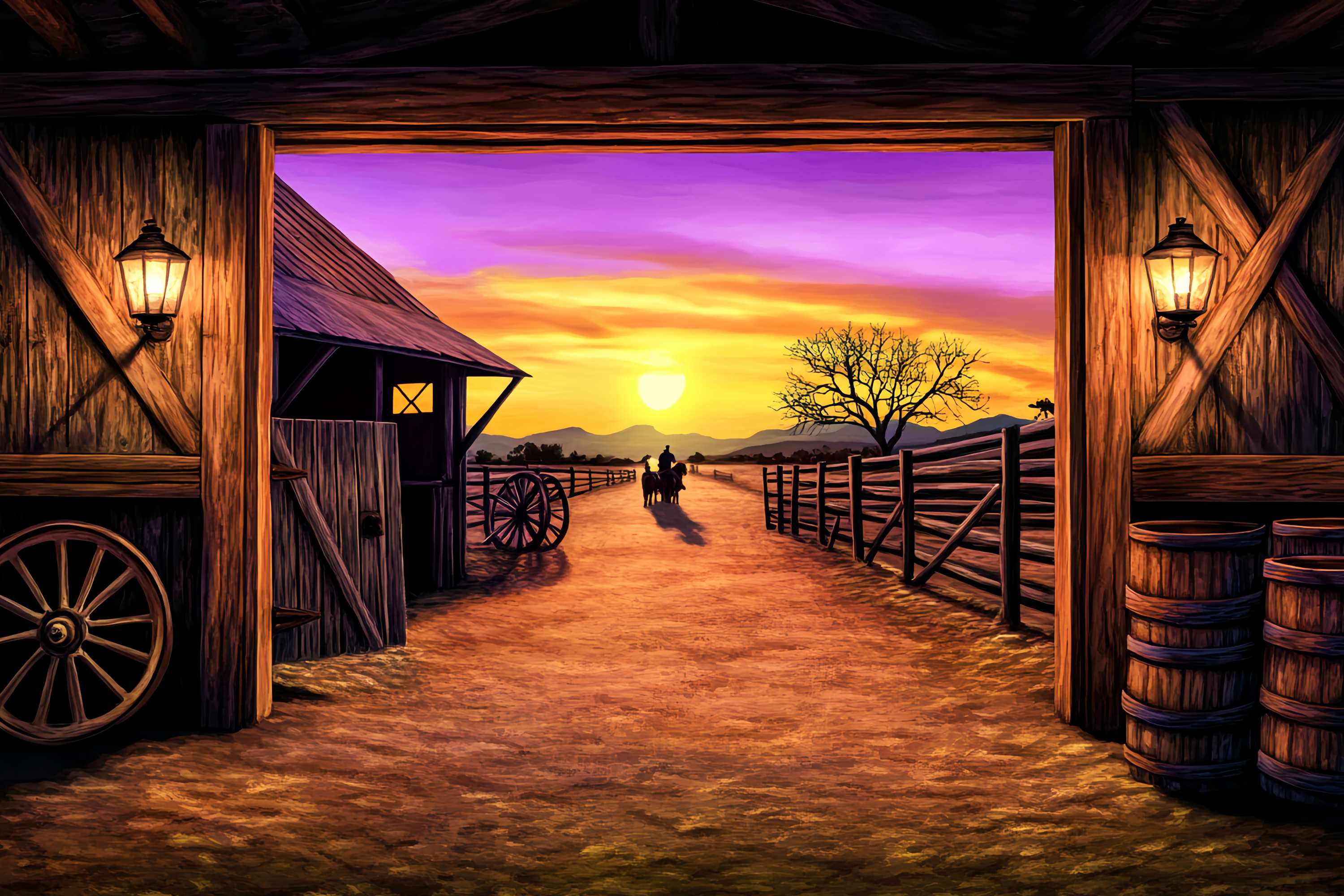 Herbst-Foto Hintergrund-Ideen Sonnenuntergang Ranch Scheune Ansicht Western-Foto Hintergrund LXX58-199
