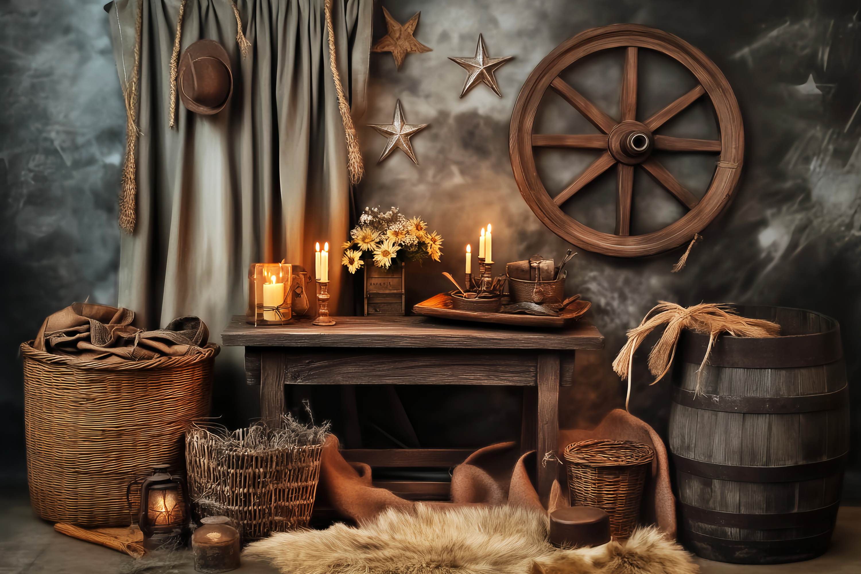 Herbst-Foto Hintergrund Vintage Western Tisch bei Kerzenschein Western-Foto Hintergrund LXX58-207