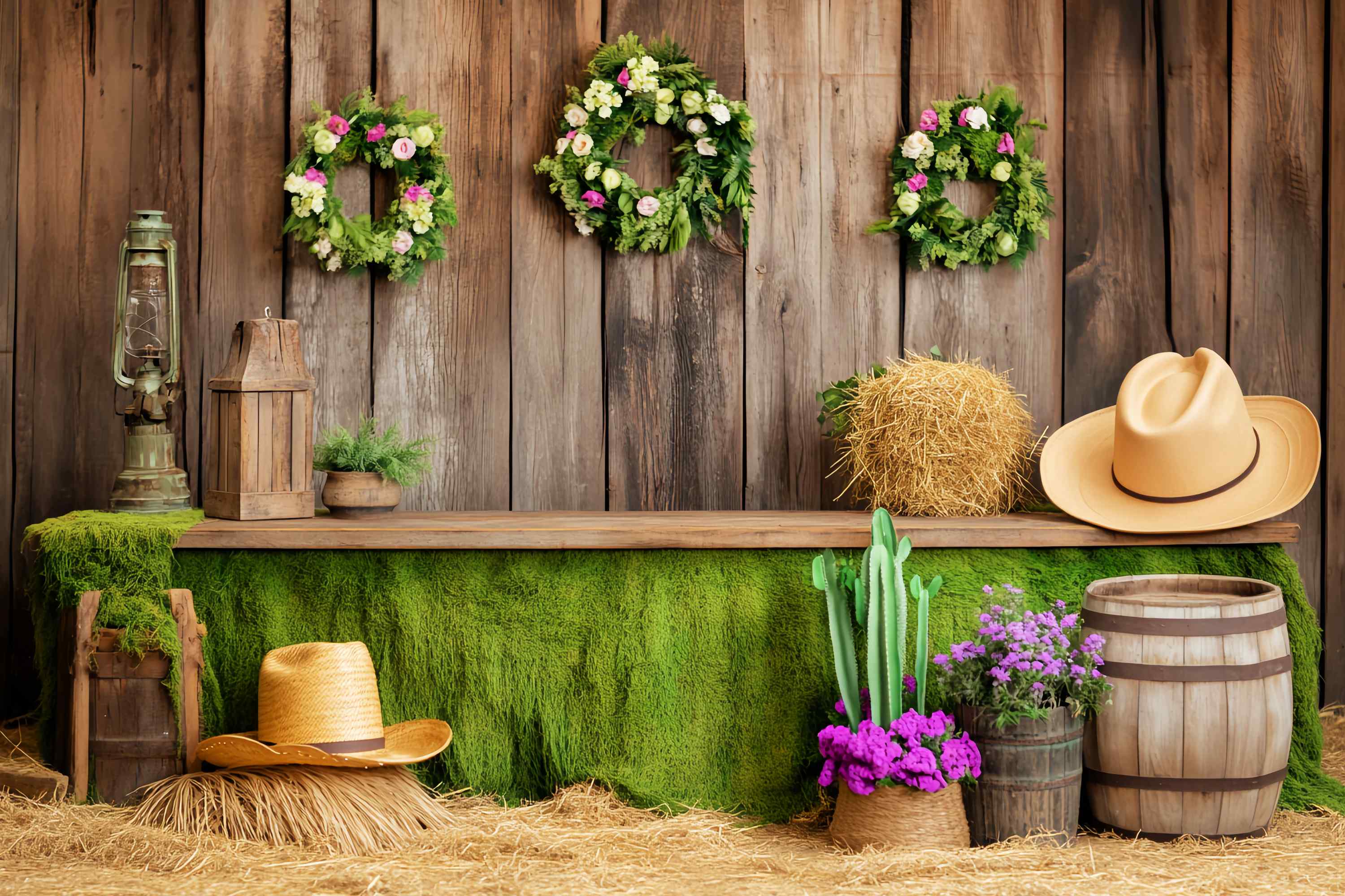 Herbst Fotokulissen Grünes Moos Hölzerne Scheune Dekor Western Foto Hintergrund LXX58-209