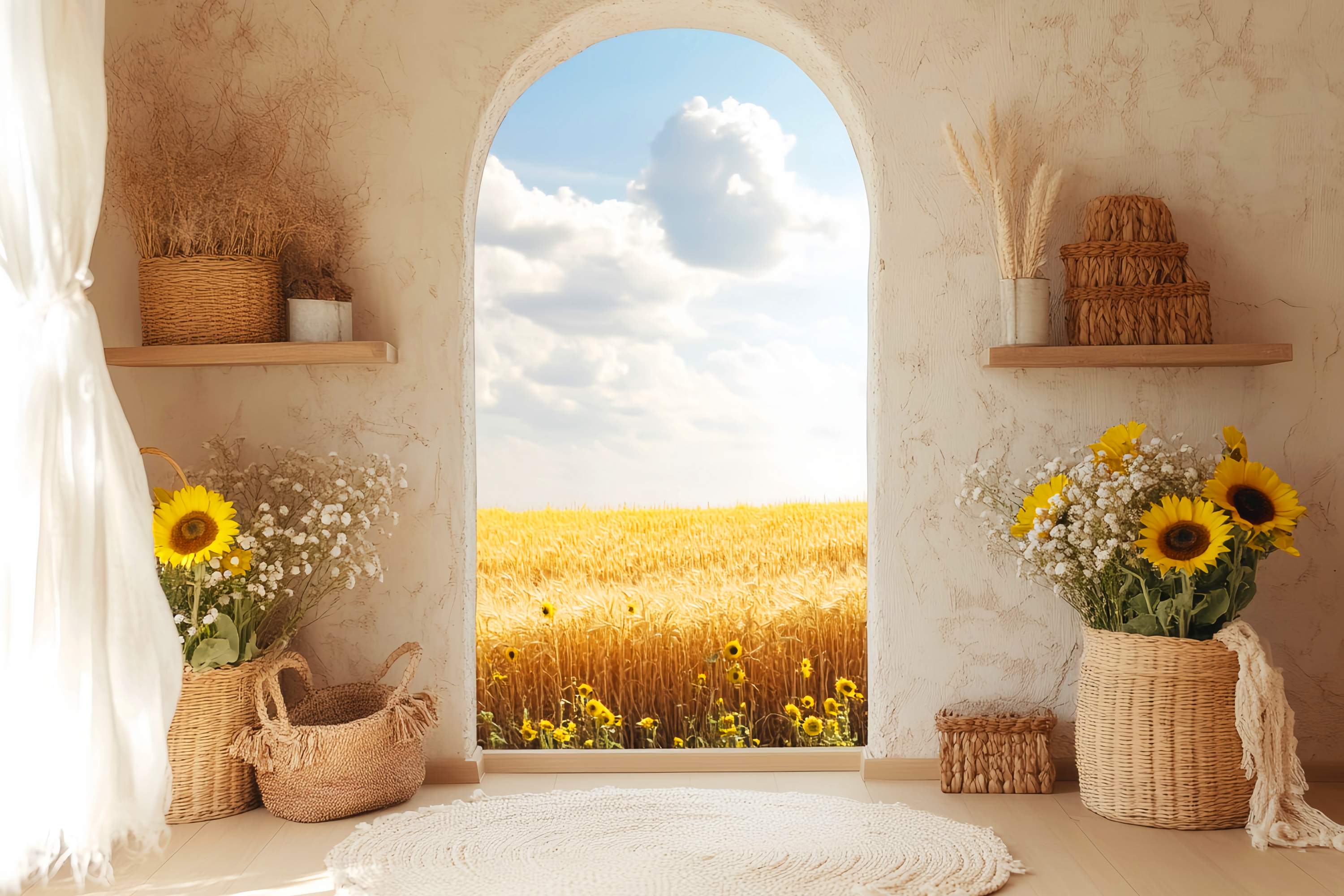 Herbst-Foto Hintergrundbilder Sonnenblumen-Korb Goldener Weizen-Ansicht Boho-Foto Hintergrund LXX58-213