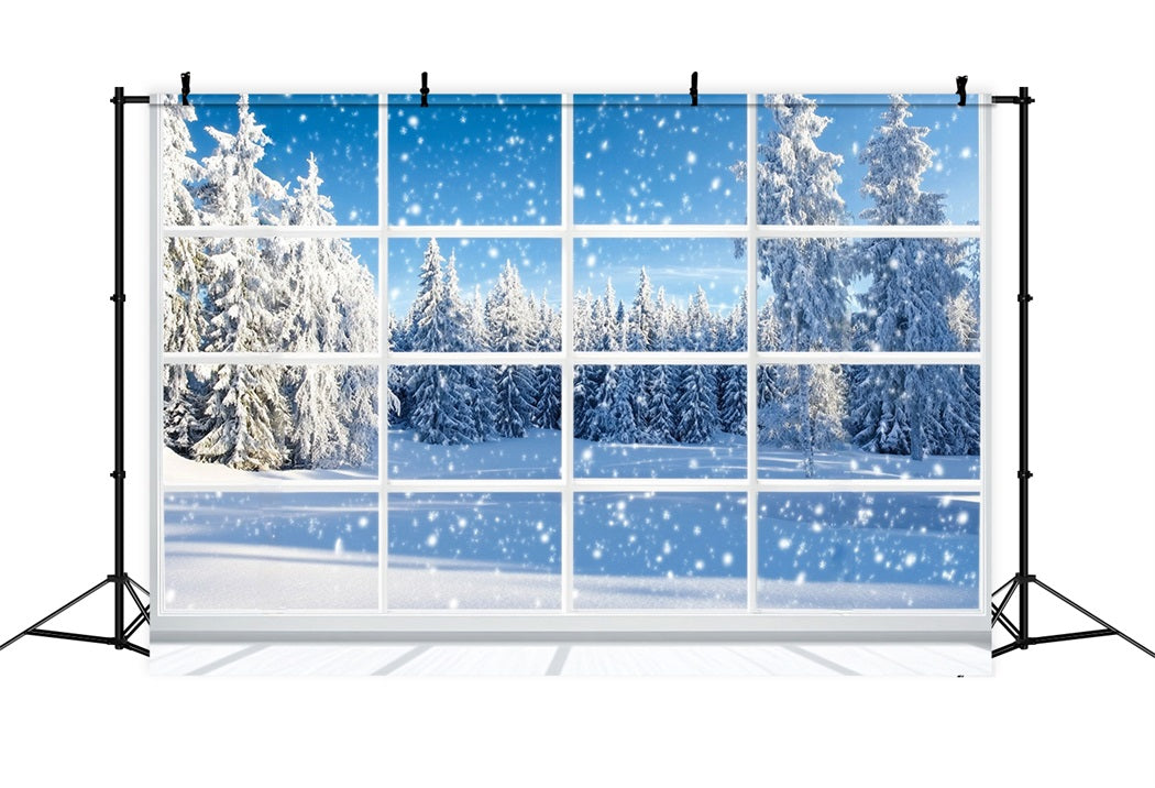 Winter-Fenster-Fotohintergrund fallender Schnee Kiefernwald Winter-Schnee-Fotohintergrund LXX58-233