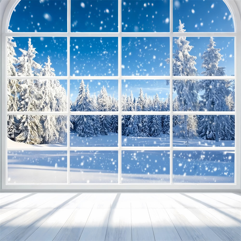Winter-Fenster-Fotohintergrund fallender Schnee Kiefernwald Winter-Schnee-Fotohintergrund LXX58-233