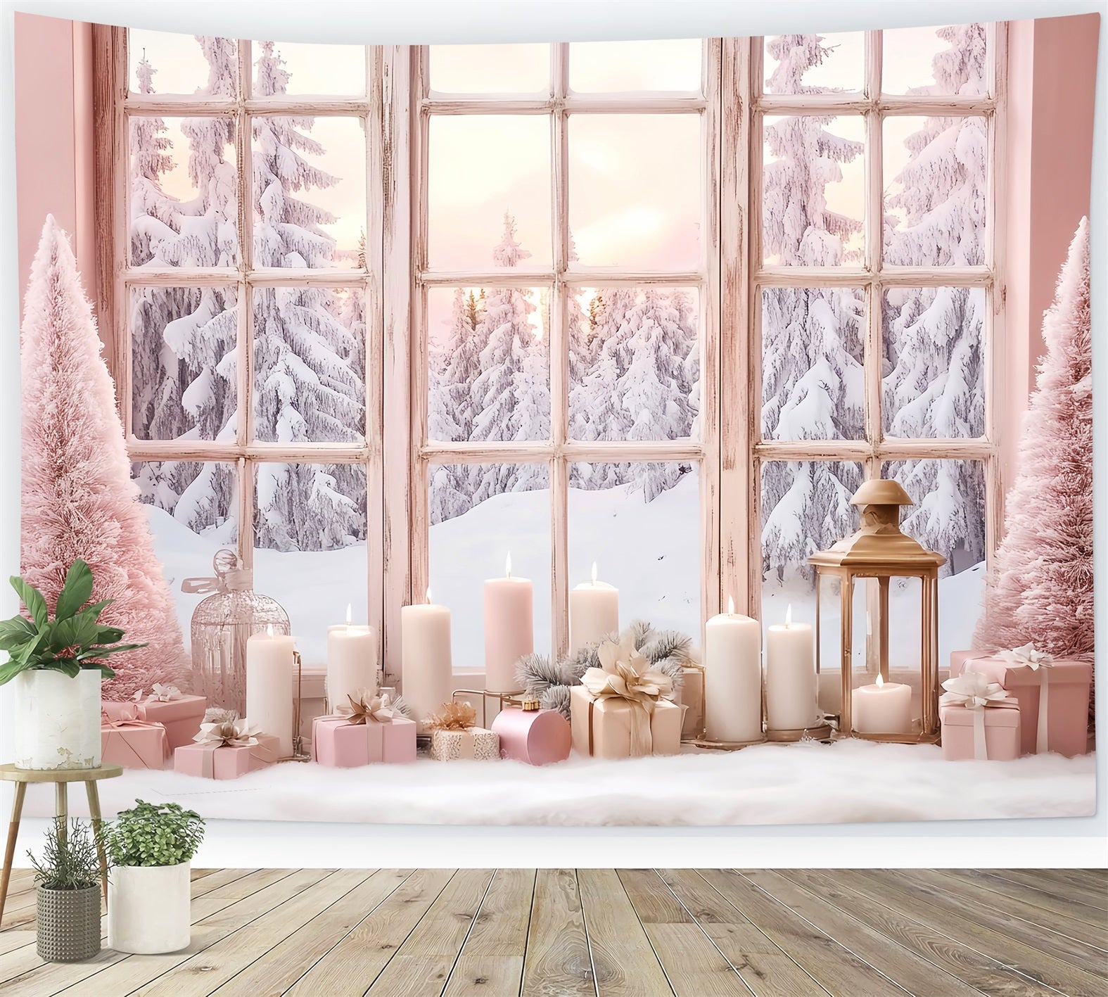 Winterfenster-Fotohintergrundkulisse Rosa Kerzenlicht Mattes Fenster Winter-Fotohintergrundkulisse LXX58-234