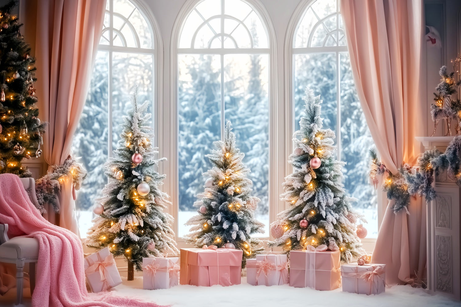 Winter-Fenster-Fotohintergrund Rosa Geschenk Frosted Christmas Trees Winter Studio Hintergrund LXX58-236