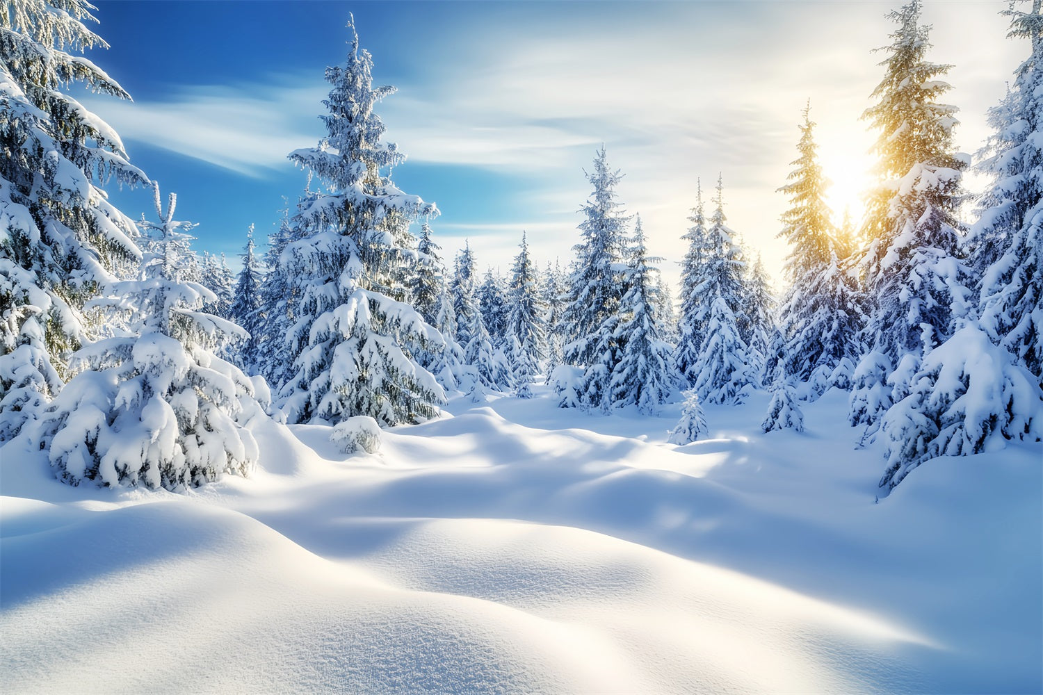 WaldFotohintergrund Goldener Sonnenaufgang Verschneiter Wald Winterwunderland Kulissen LXX58-239