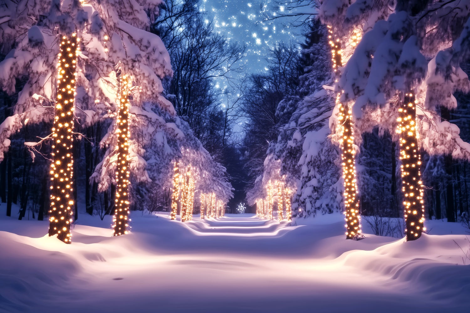 WaldFotohintergrund Golden Lights Snowy Pathway Winter Wonderland Backdrop LXX58-241