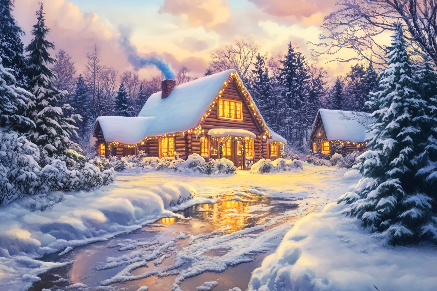 Village Backdrop Golden Glow Log Cabin Winter Photography Studio Hintergrund LXX58-246