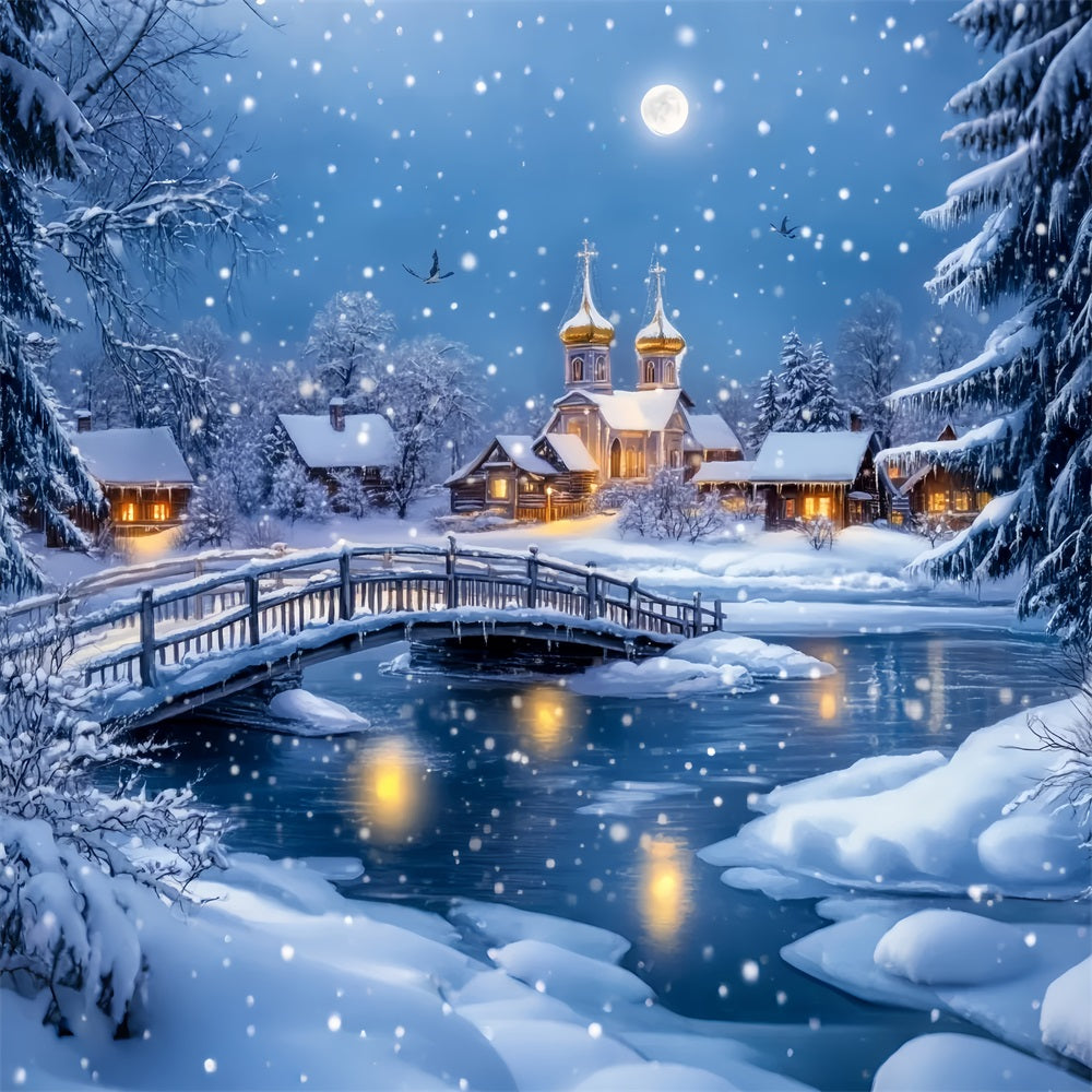 Village Backdrop Verschneite Brücke Dorfkirche Winter Wonderland Studio Hintergrund LXX58-247