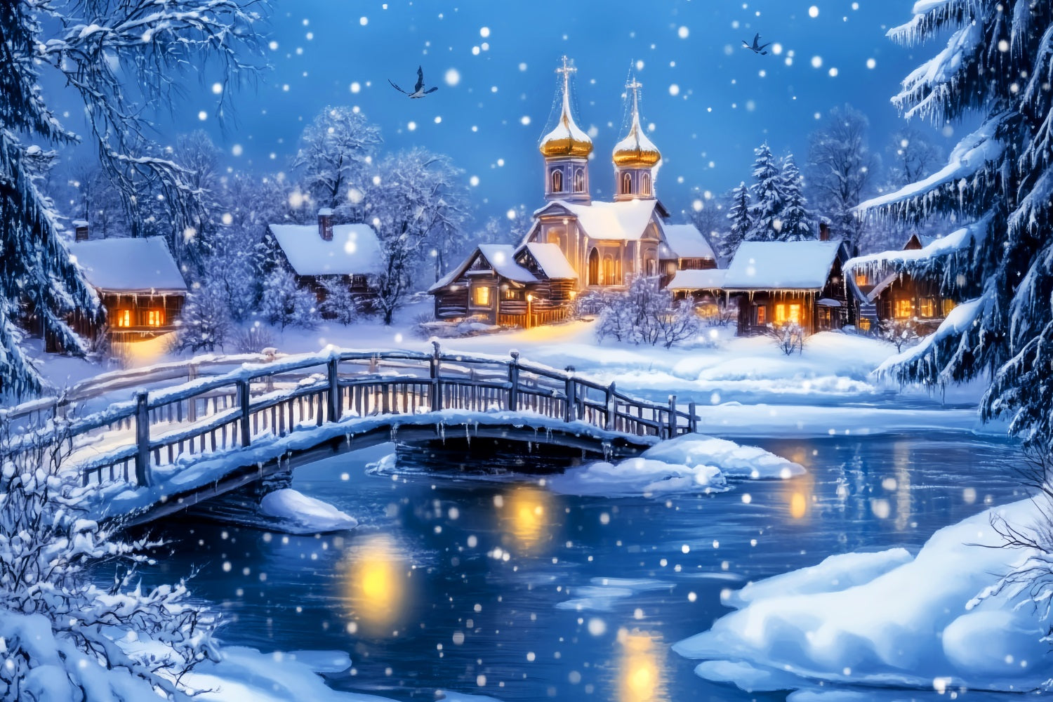 Village Backdrop Verschneite Brücke Dorfkirche Winter Wonderland Studio Hintergrund LXX58-247