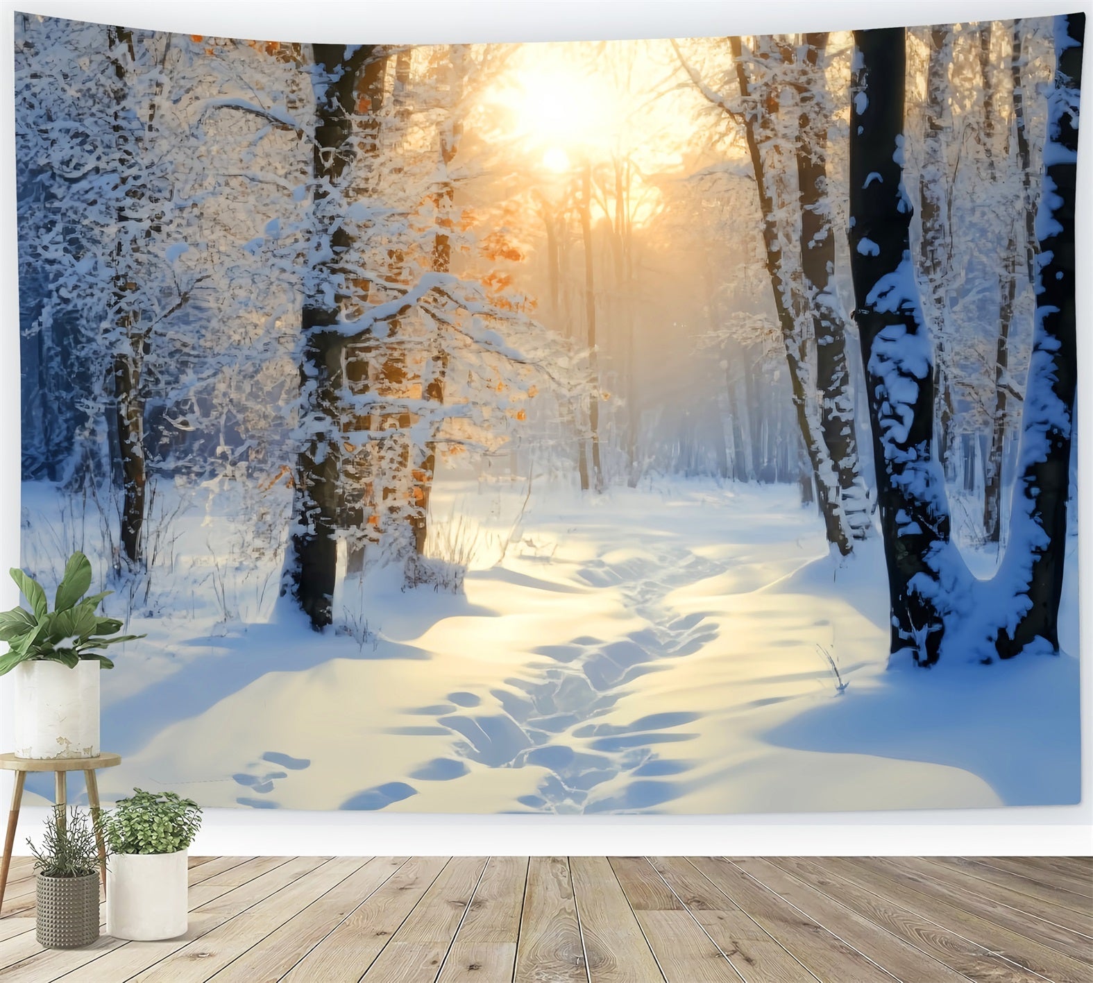 Winterlicher verschneiter Wald Goldener Sonnenaufgang Schneeweg Verschneiter Wald Foto Hintergrund LXX58-278