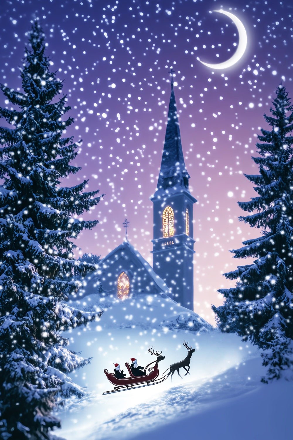 Kiefern Weihnachtswald Kirche Schlitten Winternacht Verschneiter Wald Foto Hintergrund LXX58-306