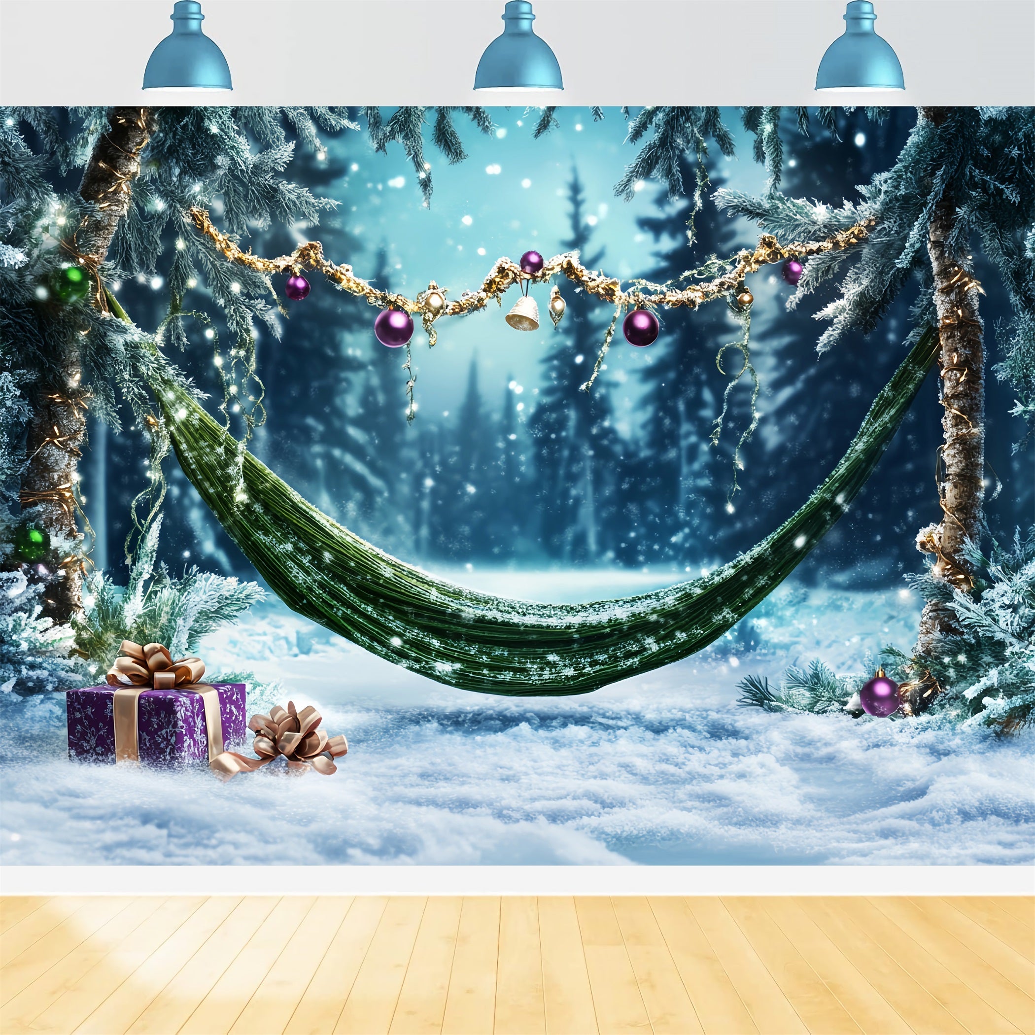 Kiefern-Weihnachtswald Winterhängematte Geschenkornamente Wald Foto Hintergrund LXX58-311