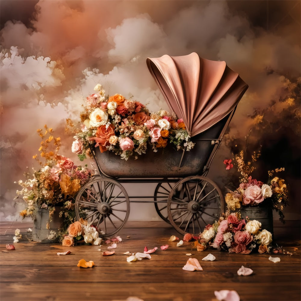 Neugeborenen Herbst Fotohintergrund Vintage-Kinderwagen Blühende Blumen Neugeborenen Fotohintergrund LXX58-376