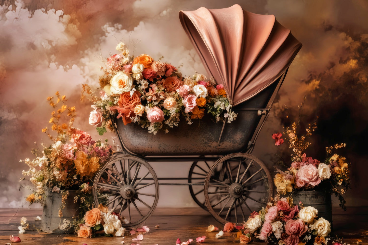 Neugeborenen Herbst Fotohintergrund Vintage-Kinderwagen Blühende Blumen Neugeborenen Fotohintergrund LXX58-376