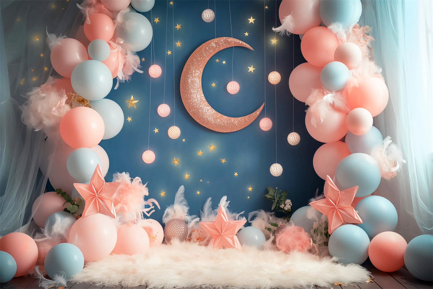 Mond- und Sterne Fotohintergrund Moon Star Balloon Dreamland Neugeborenen Fotohintergrund LXX58-389